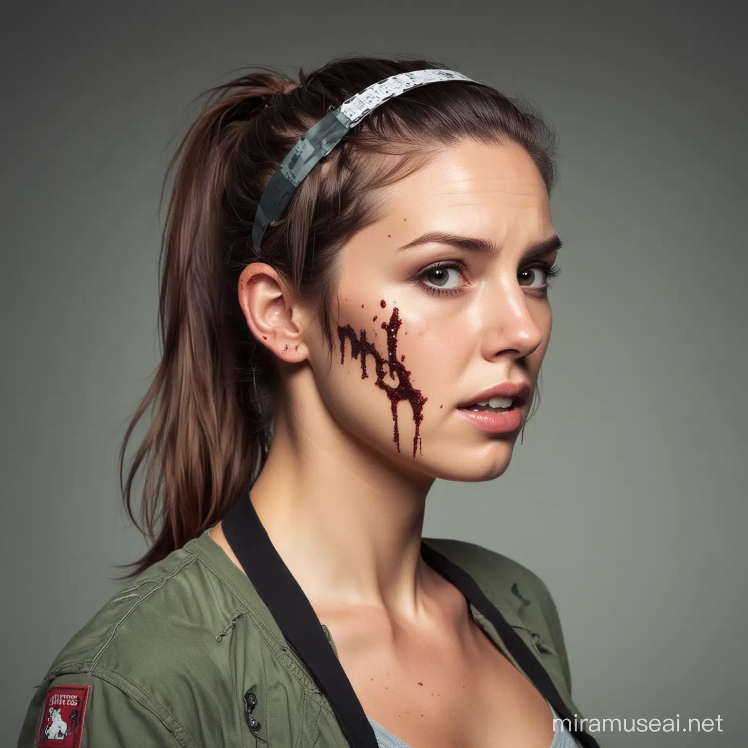 Zombie Apocalypse Survivor Resourceful Woman with Head Tape and Ponytail