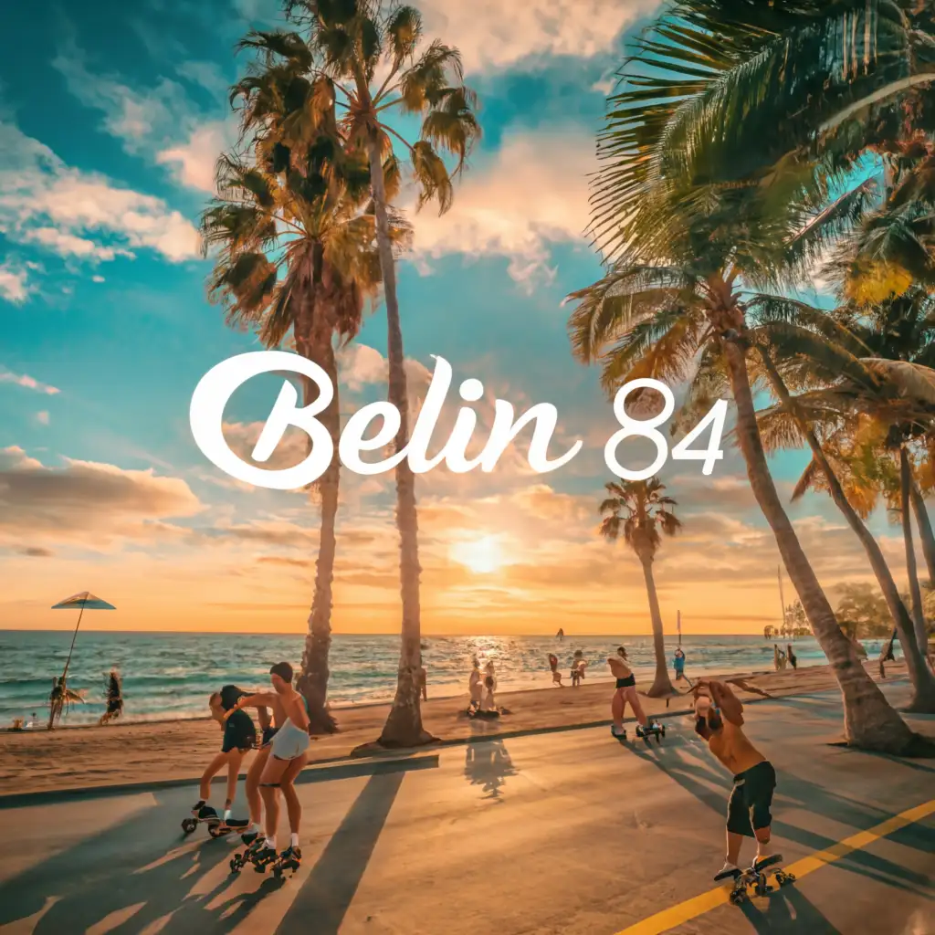 main symbol: main symbol: handmade metallized text BELIN 84, vhs noise, shining, glitter, and glow Background: A photo of beach with palms and sun and people rollerskating