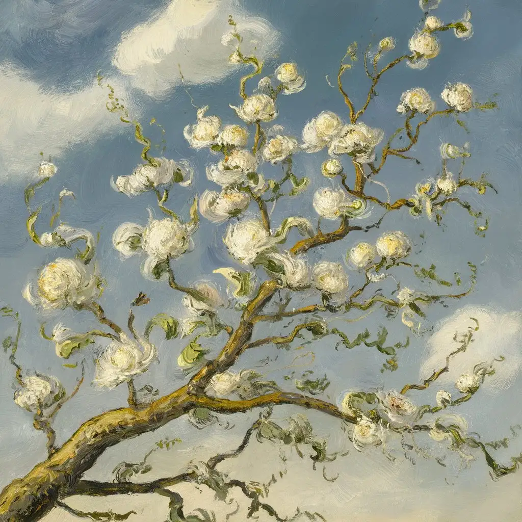 Van Gogh Style Painting Delicate White Flowers on a Tree Branch