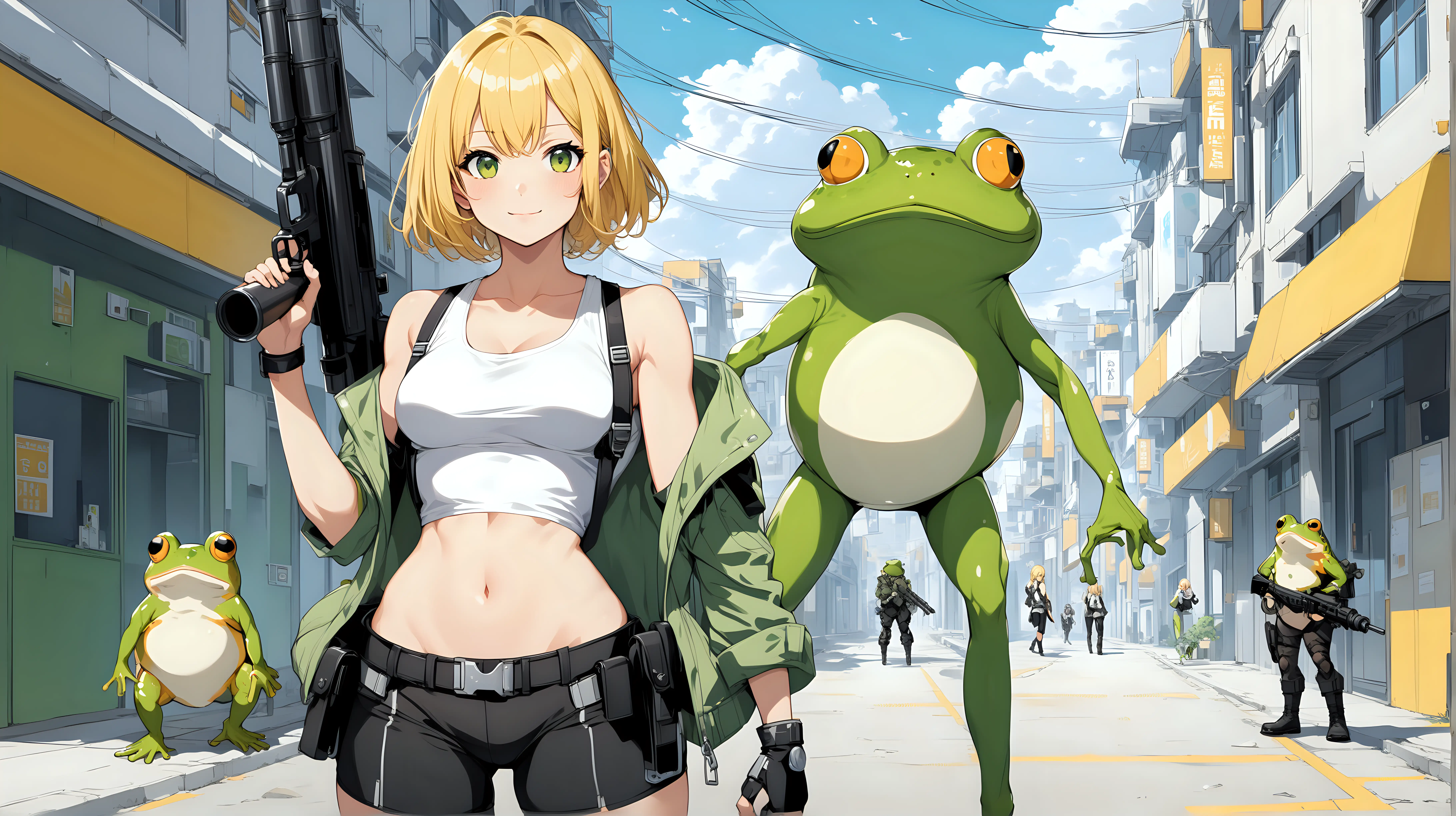 the first character is a sexy fit 24 year old hero girl, short chin length yellow hair, posing in a futuristic town, toned body, short white tank top, wearing suspenders, guns in holsters on each thigh, combat boots, the second character is a humanoid frog in a green jacket holding a bazooka, grenades hanging on his jacket, standing next to her, yellow black white 3 color minimal design,