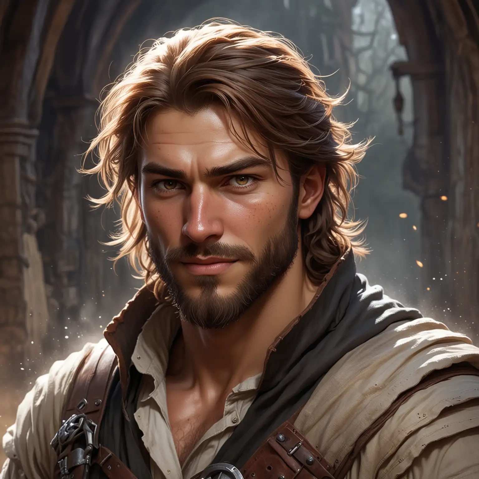 Artwork of a Ruggedly Handsome pale human rogue with medium length brown hair and a short, well kept beard. Fantasy Setting. He looks fierce, he appears slightly frazzled, he is grinning
