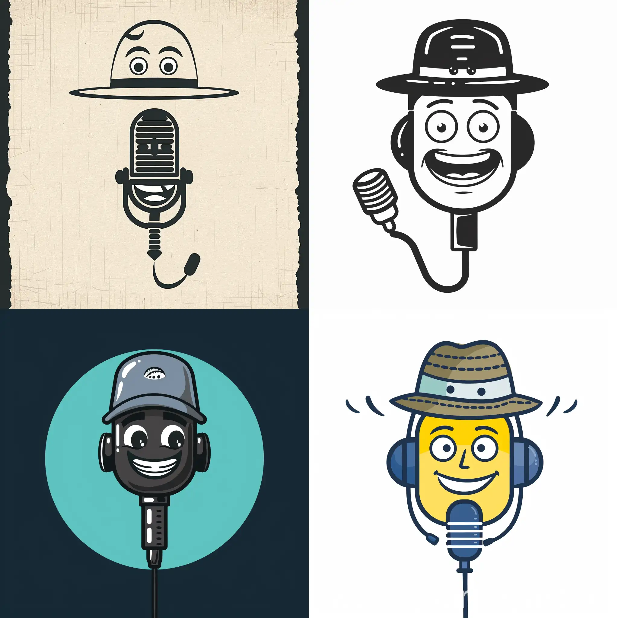 Cheerful-Podcast-Logo-Smiling-Mic-with-Hat-and-Eyes