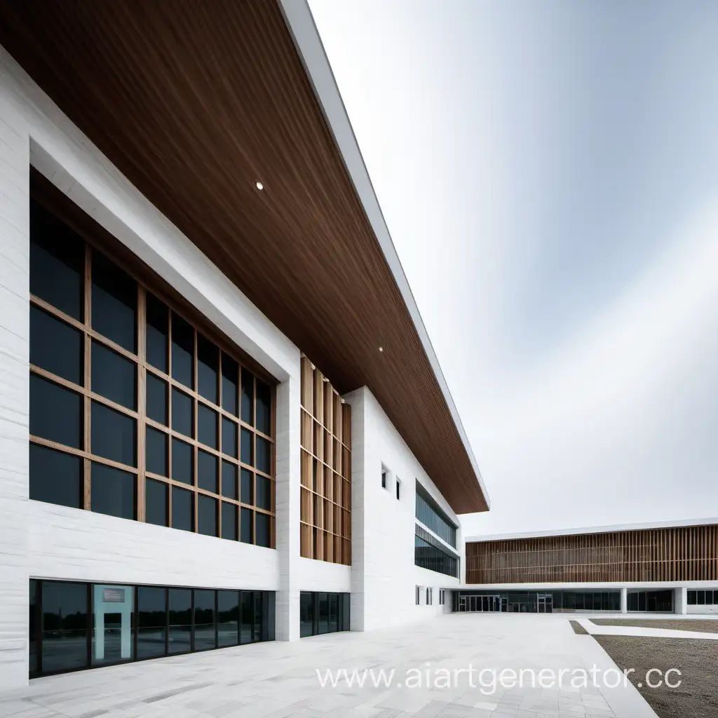 The exterior of the modern one-story hospital is made of white stone and wood