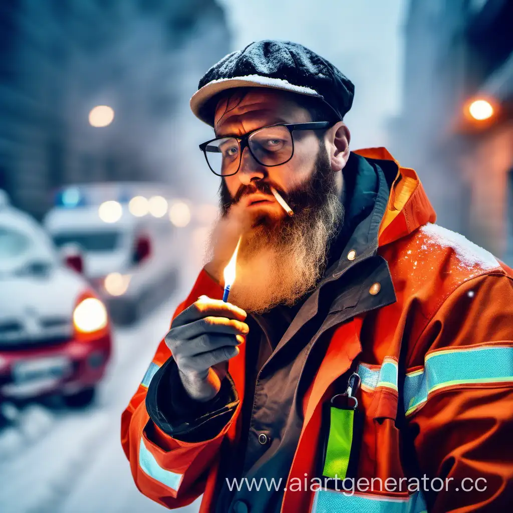 Уставший бородатый фельдшер скорой помощи курит сигарету на улице, снегопад, вечер, мешки под глазами, в прозрачных очках, горящая спичка в руке