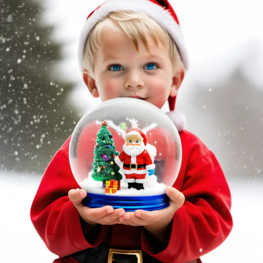  3 year old boy, short blond hair, blue eyes in a snow globe being held by Santa Claus at the north pole