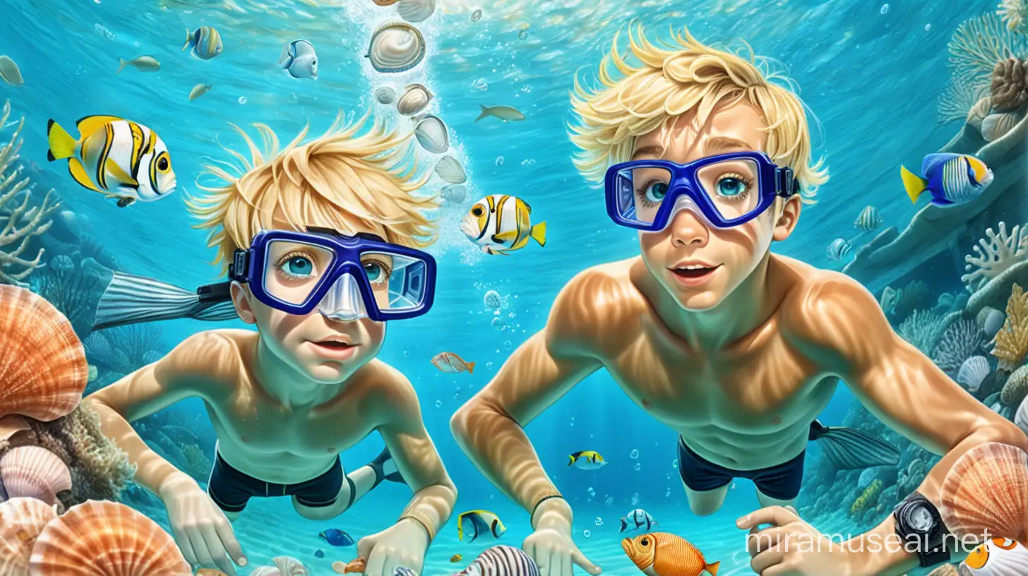 Blonde Boys Snorkeling with Fish and Shells in Tropical Waters