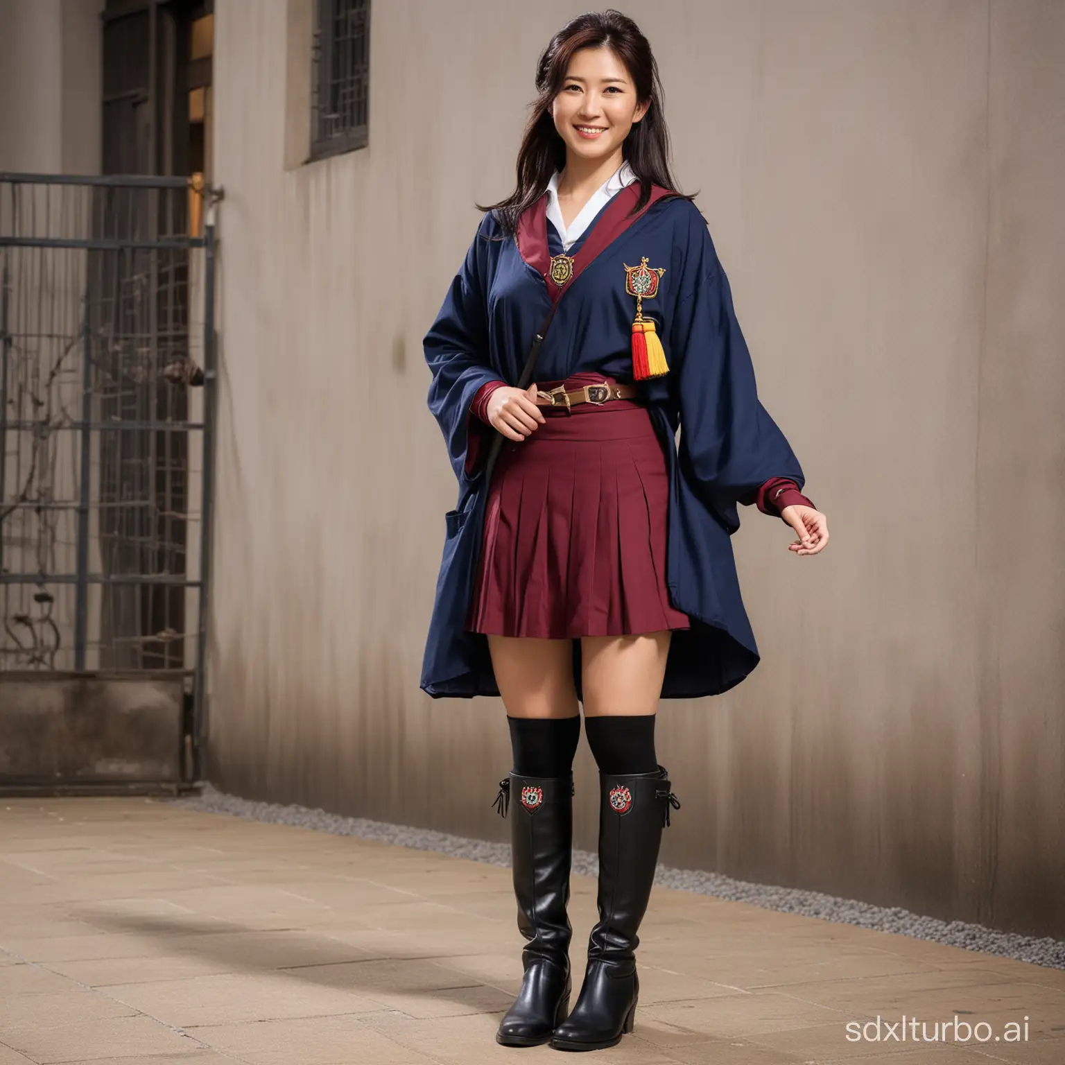 A Japanese woman 49 years old, she is wearing  a long half-up pulled back hairstyle with black locks dressed in Hogwarts student school: a dark blue robes adorned with a wizard school emblem and a dark red wine knee height skirt; wearing black boots, with a smile, in a full body standing photo.