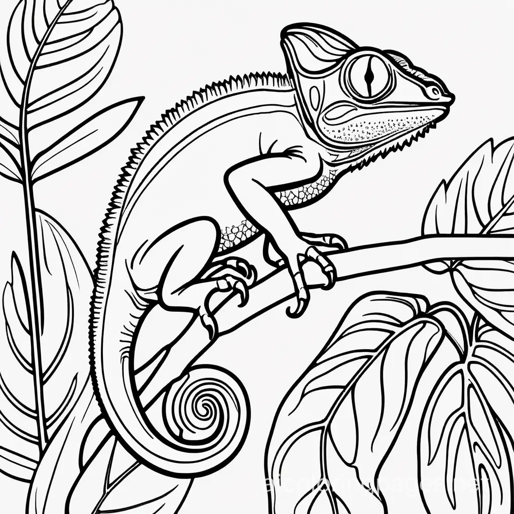 A coloring book page, white background, Cute Chameleon: Perched on a vibrant tropical leaf, a chameleon changes colors to match its surroundings. The jungle foliage is a riot of greens, oranges, and purples. ink drawing, , clipart, simple line illustration, black and white, Coloring Page, black and white, line art, white background, Simplicity, Ample White Space. The background of the coloring page is plain white to make it easy for young children to color within the lines. The outlines of all the subjects are easy to distinguish, making it simple for kids to color without too much difficulty