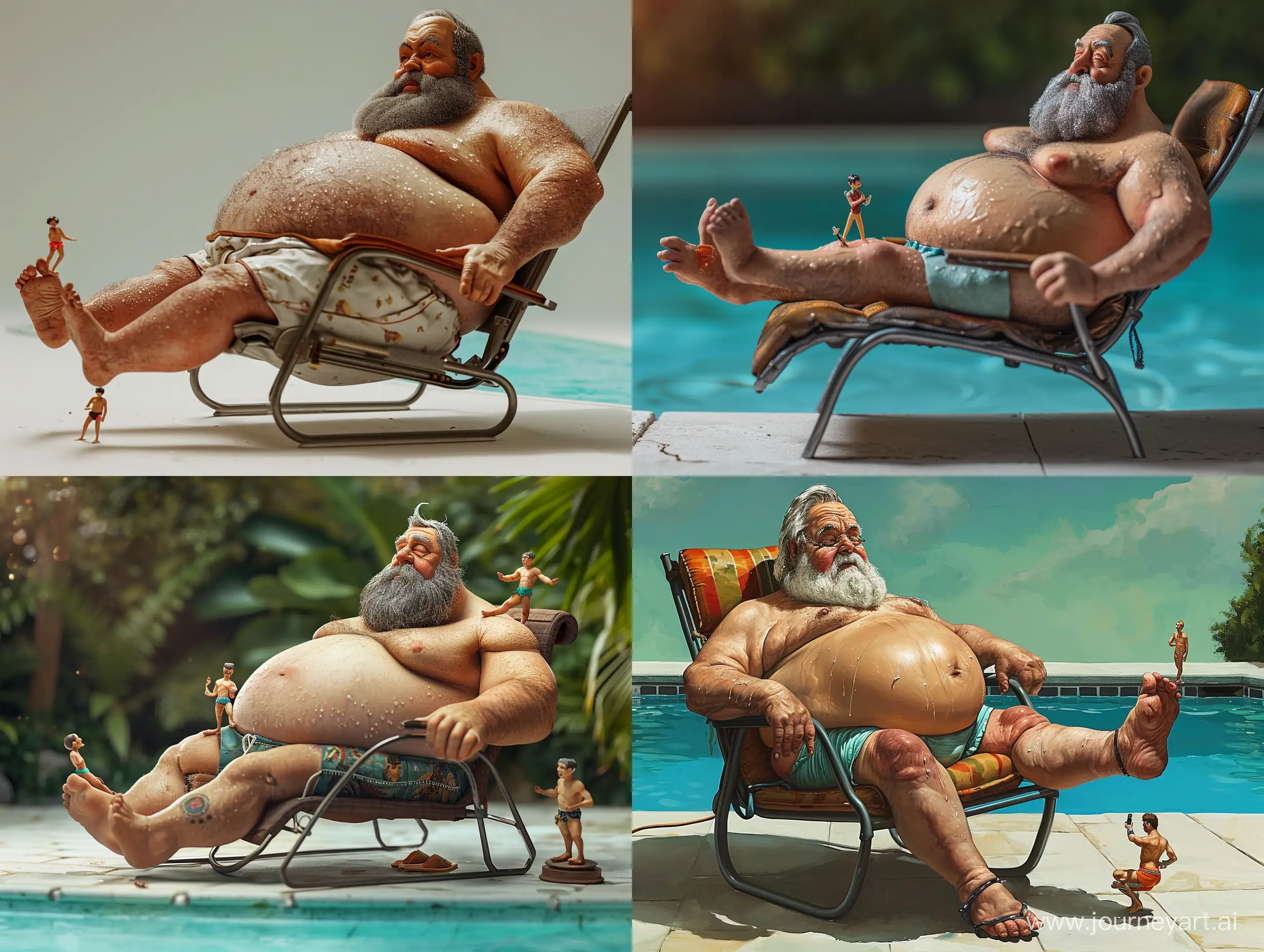 Giantz overweight and big bellied 50-year-old bearded man, wearing tiny swim trunks, laying back on a pool recliner, clear detailed face, tiny man on his toes