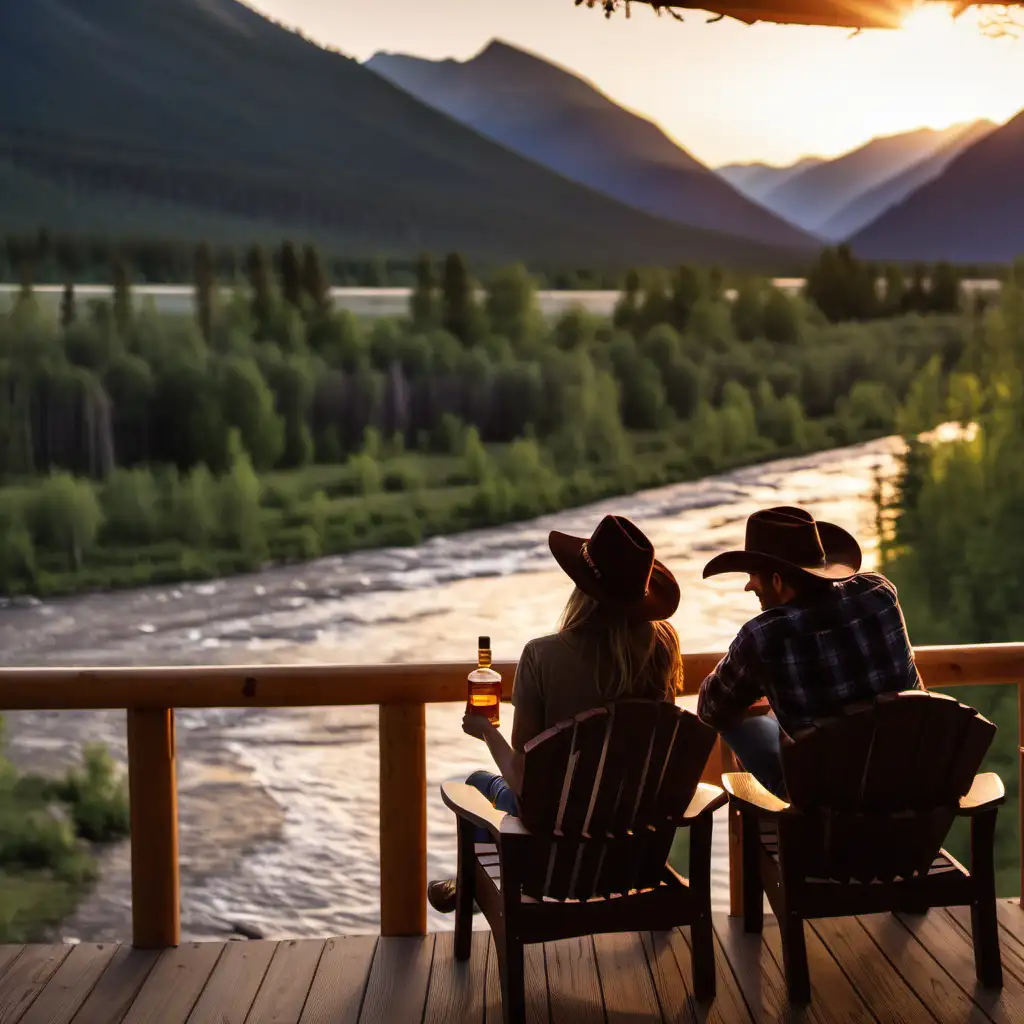 a couple sitting on a deck of a lodge, looking at a river in Montana. They are drinking whiskey, as the sun sets. They are very happy and content. 