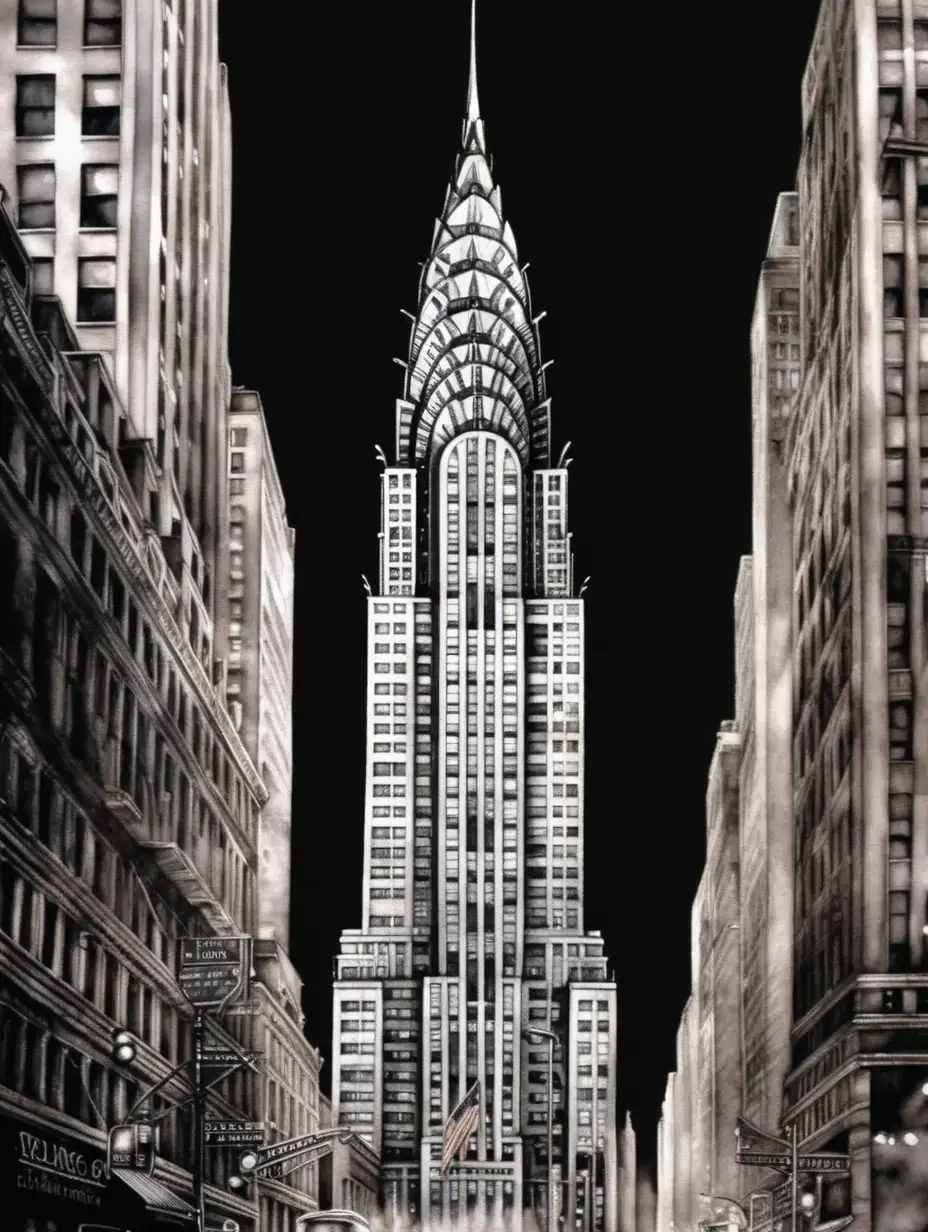 watercolor Art Deco Chrysler  building New York City   silver on black