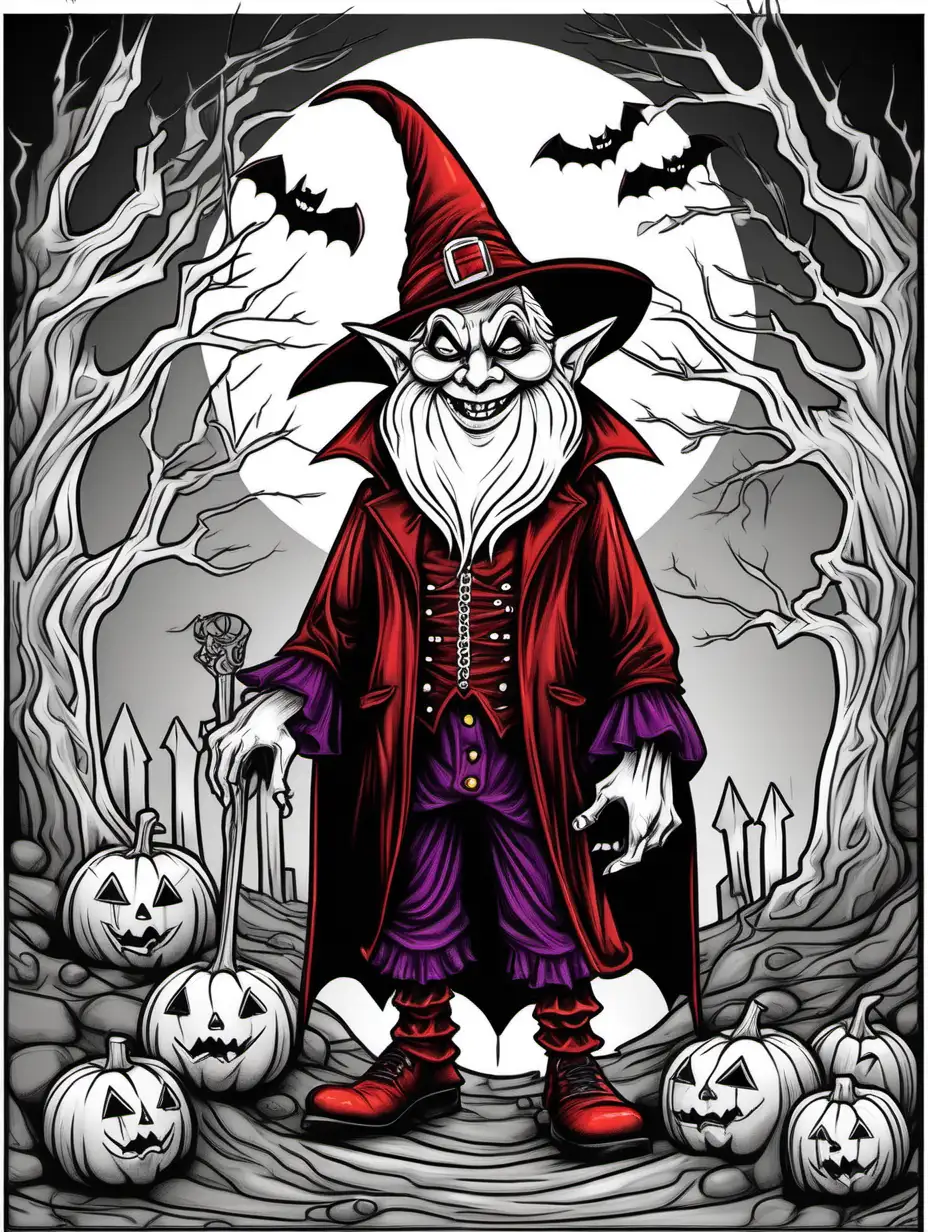 adult illustration page, halloween vampire gnome, thick lines, low detail, vivid color
