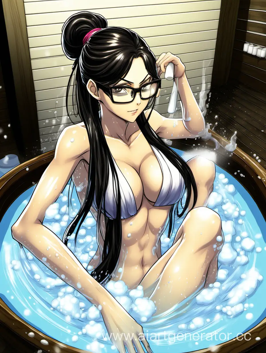 Bayonetta, bath time, sauna, wet, long hair, ponytail, glasses, full body, 