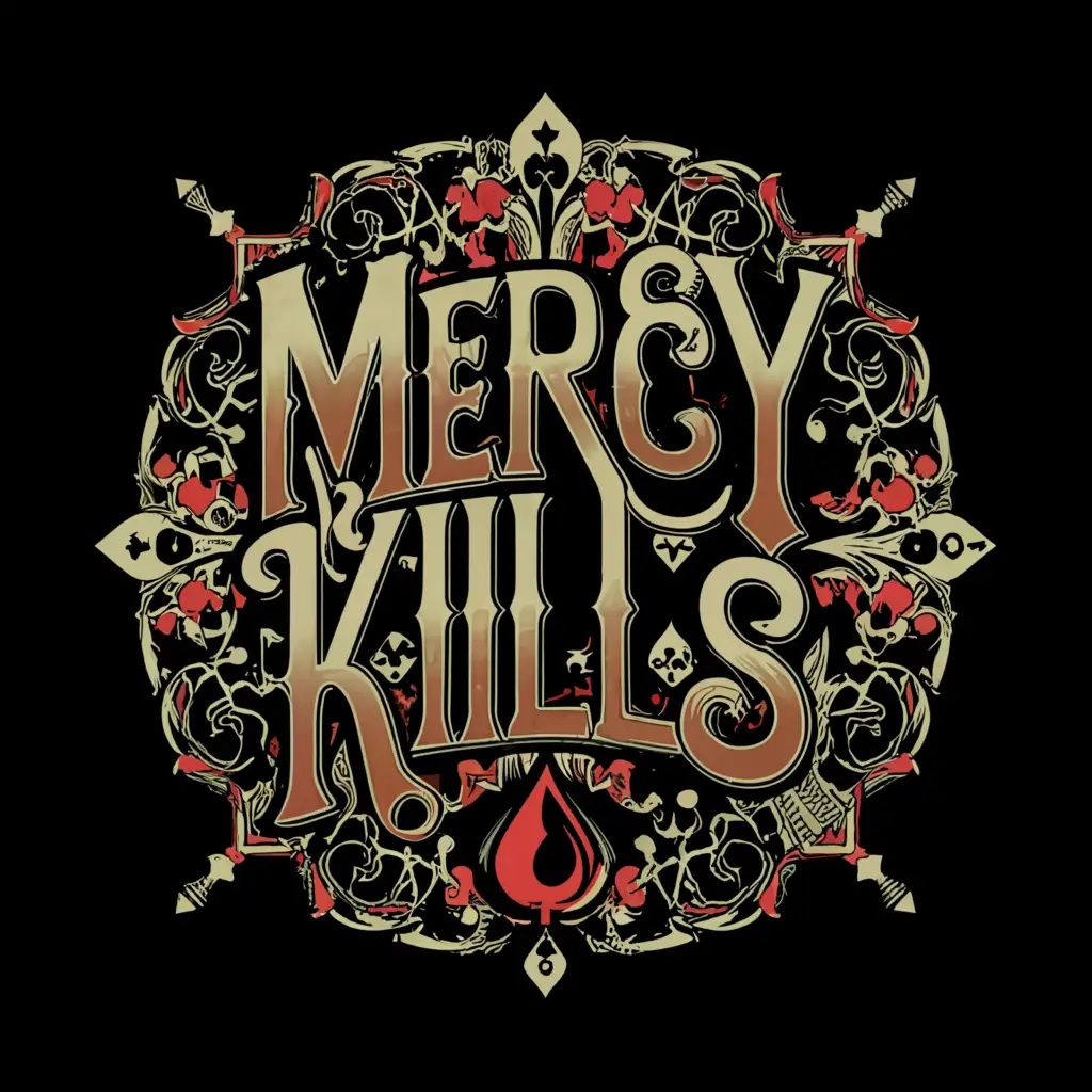 a logo design,with the text "Mercy Kills", main symbol:Blood/Poker,complex,clear background