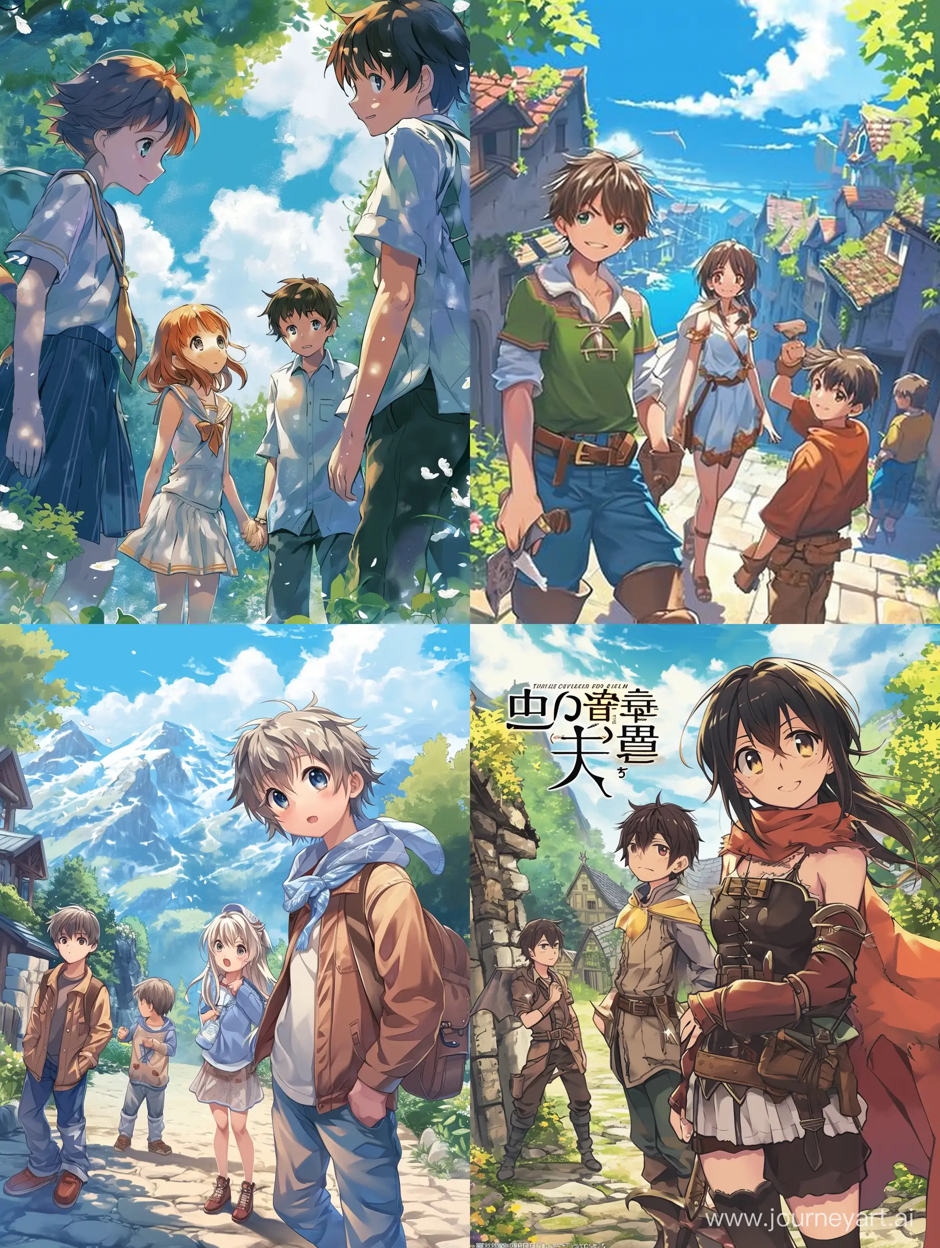 A cover for a light novel, fantasy world, boy and girl, two boys near, anime style.