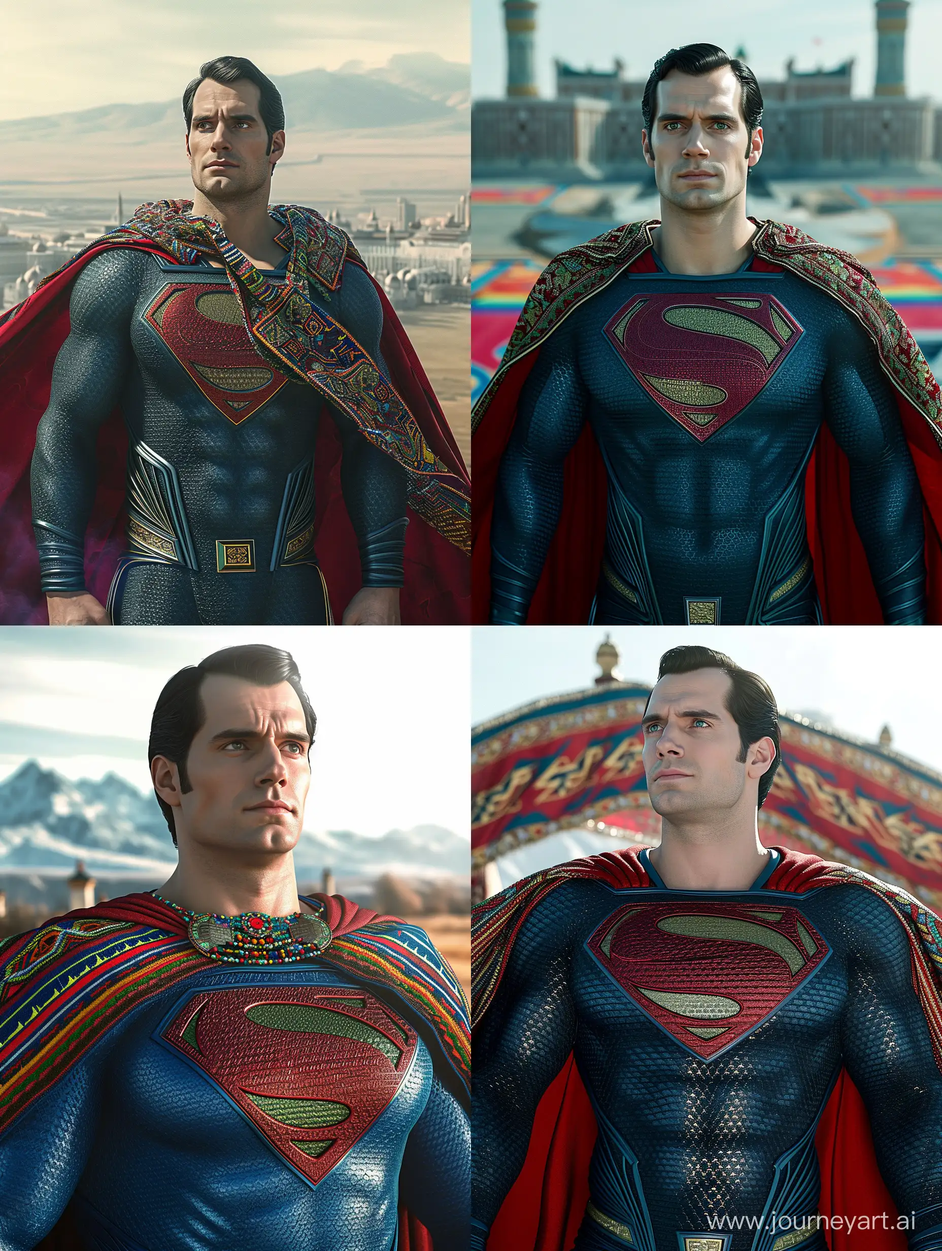 Henry Cavill superman, In Kazakhstan traditional attire, Almaty Kazakhstan behind him, far view from front, shot from the movie, cinematic, photorealistic, ultra-detailed, 4k
