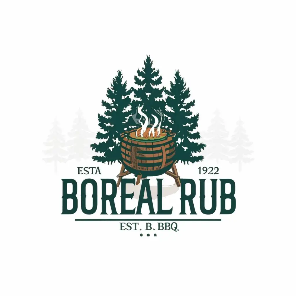 logo, Pine trees background, bbq smoker in front, with the text "Boreal rub", typography, be used in Restaurant industry