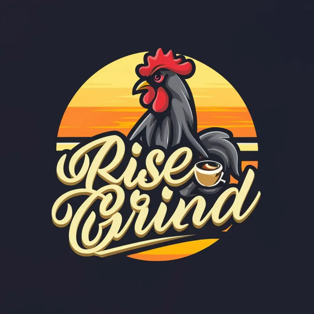 a logo design,with the text "Rise & Grind", main symbol:rooster, coffee cup, sunrise, rooster in cup, sun,Moderate,clear background
