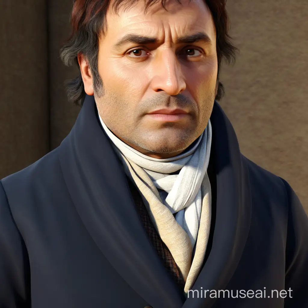 A 45 year old man with a round head, disheveled brown hair, large brown eyes, reddish complexion, long nose and thin lips. He is dressed in early 19th century style, wearing a shirt with a scarf. In 3d animation style.