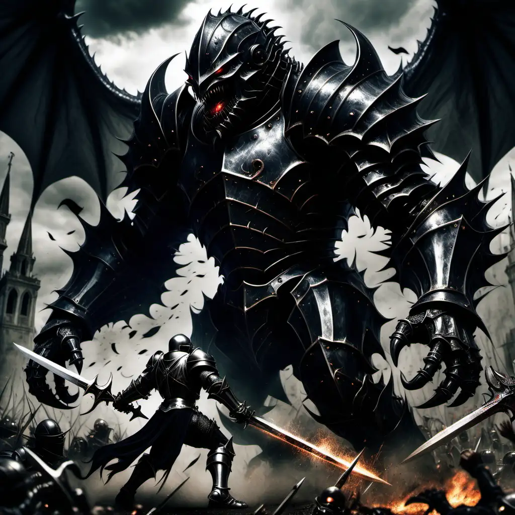 Epic Battle of the Black Gothic Knight Against a Giant Monster