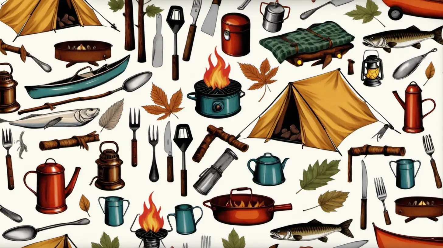 give me a seamless pattern with a bright white background of camping items from the 1960's including tents, flashlight , fire pit, camp stove, lantern, spoon, fork, knife, canoe, paddle,  fish, leaves, trees, vintage style, antiqued look cozy warm feeling, not too cluttered with items