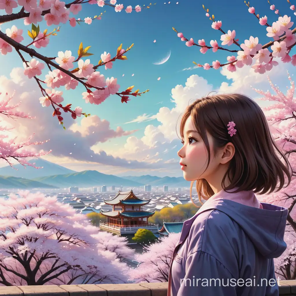 Girl Admiring Cherry Blossoms Under Overcast Sky