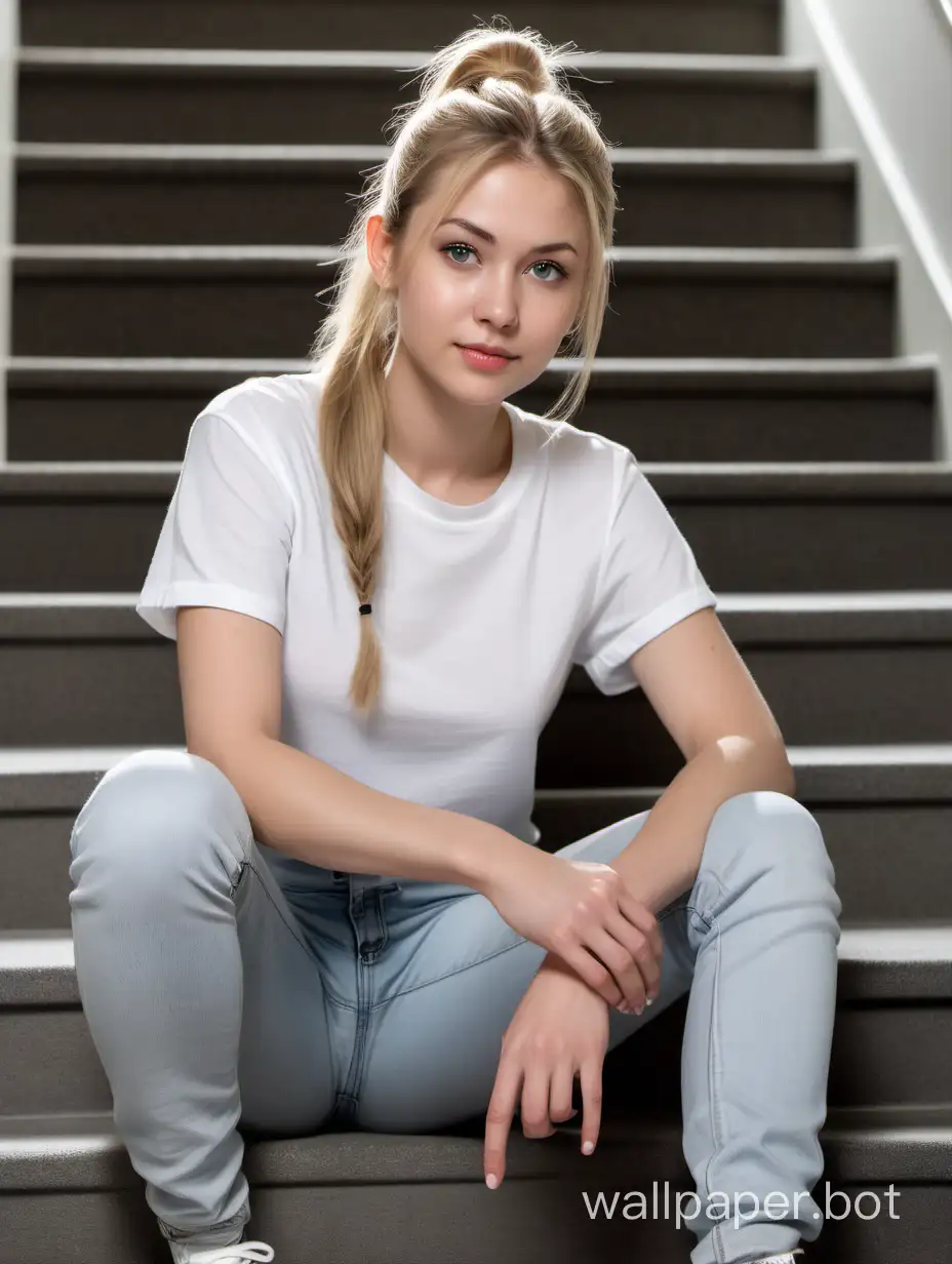 Attractive 29-year-old girl, slender figure, ash blonde with a ponytail, clear eyes, angelic face, wearing a white shirt and jeans with gray sneakers, sitting on a staircase., full body view.