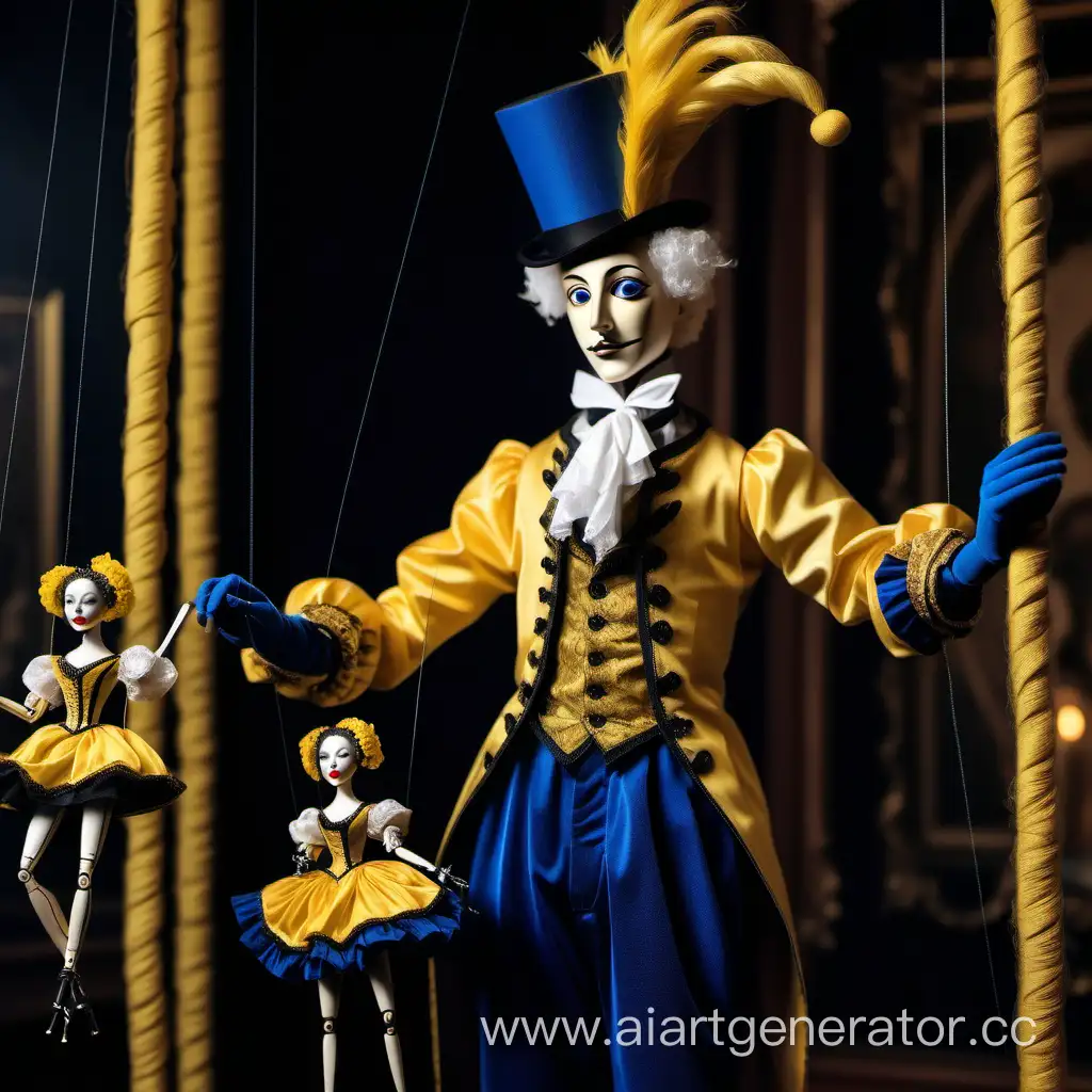 Кукловод в черной и желтой одежде дергает за синие ниточки марионеток в богатом доме