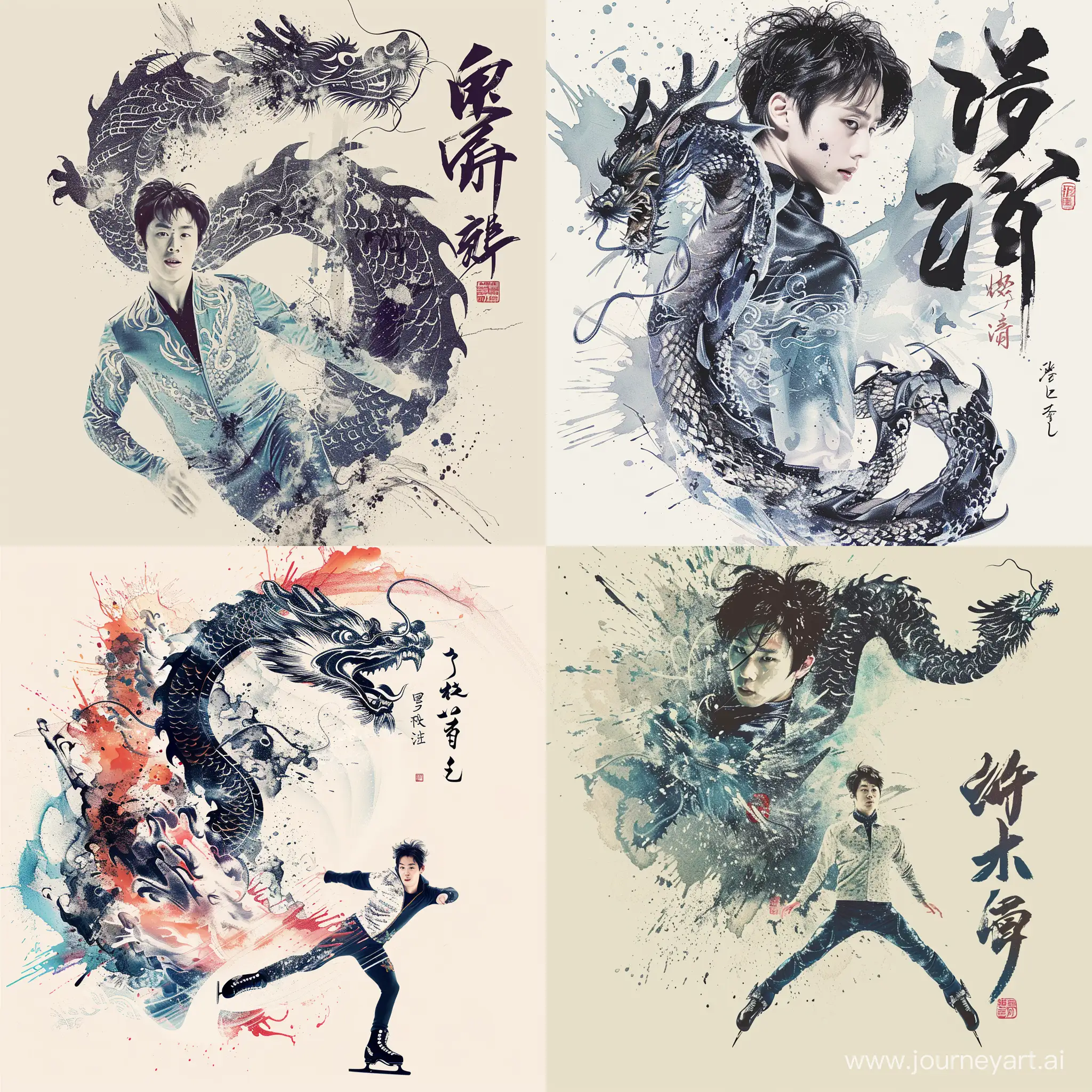 Create an image that blends Chinese calligraphy art with elements representative of Yuzuru Hanyu, a renowned Japanese figure skater. The central theme should revolve around the concept of a Chinese dragon intertwined with Yuzuru's dynamic figure skating poses. Emphasize the artistic harmony between traditional Chinese aesthetics and the fluidity of figure skating.