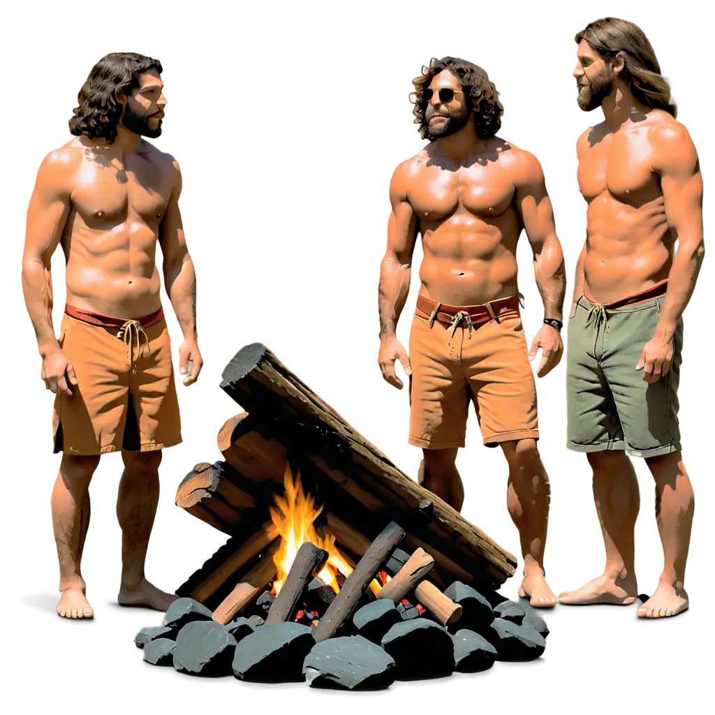 Cavemans standing on a group in front of fire
