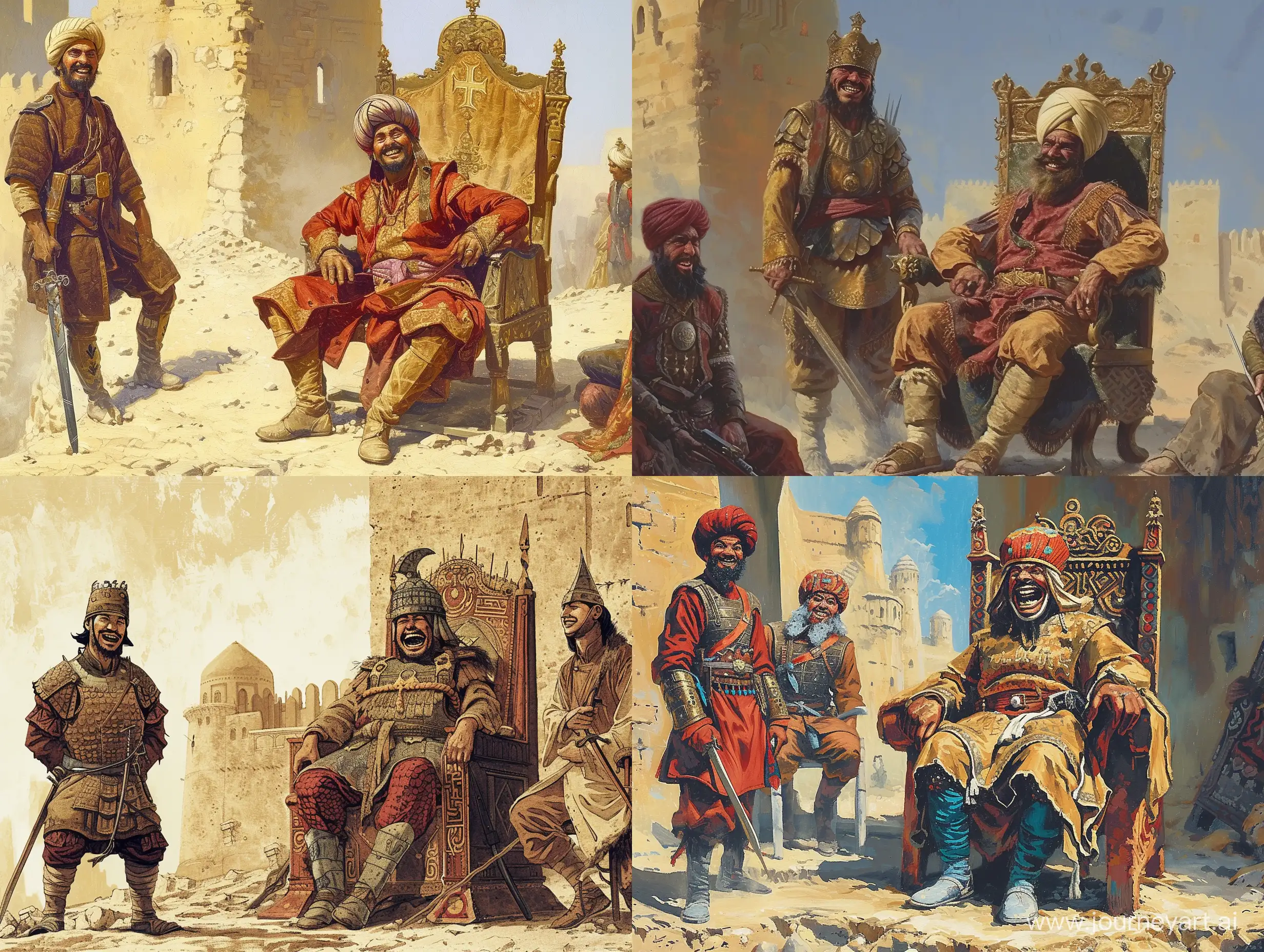After occupying the Persian castle, the Arab soldier sits down on the throne of the Persian Empire in the Bam citadel with a frightening smile, while a smiling Mongol soldier stands next to the chair on the left.