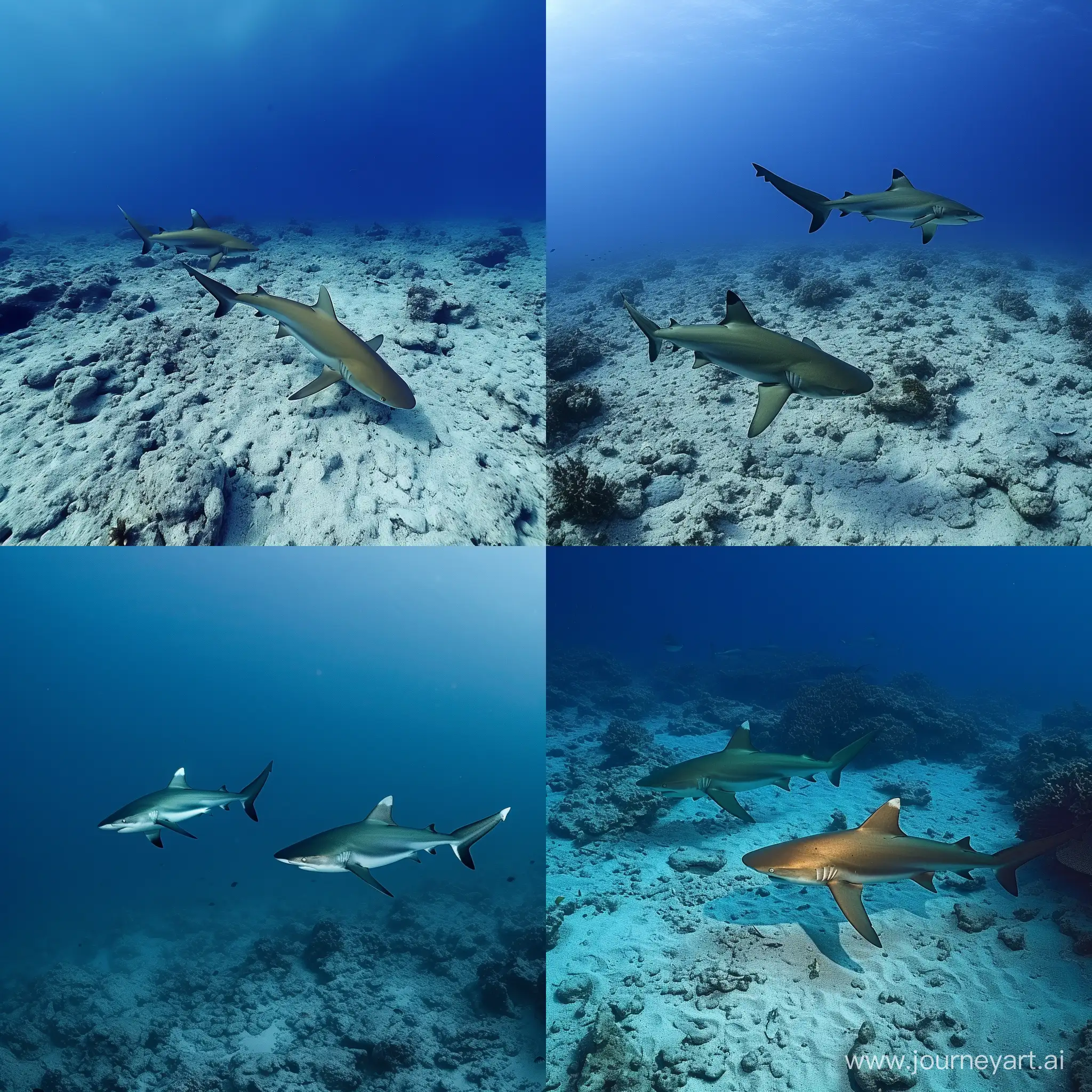 Two shark walking on deep ocean. 4k , up view ,