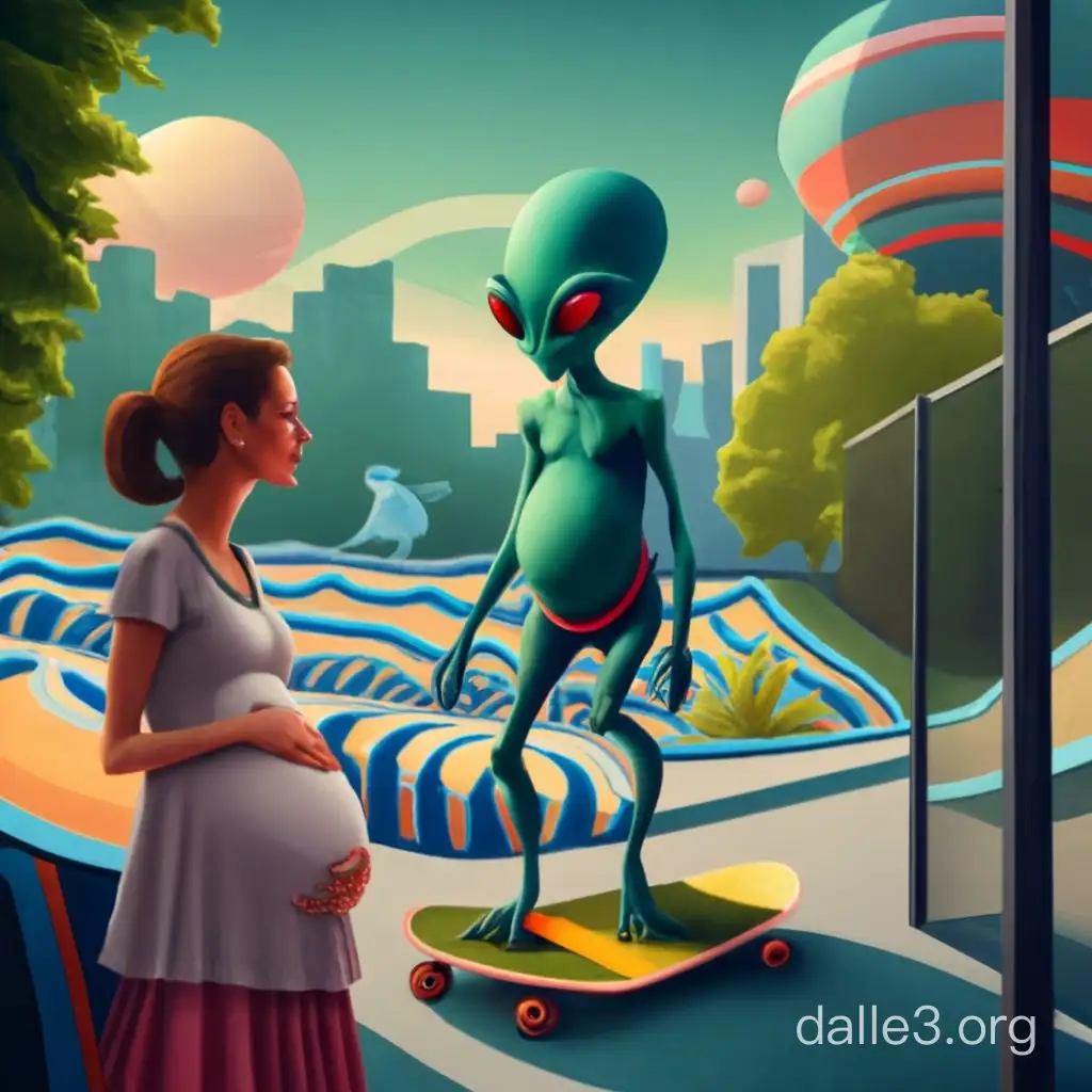 a realistic pregnant alien. She is meeting with Tony Hawk. Tony Hawk is doing skateboard tricks on a ramp in a trampoline park