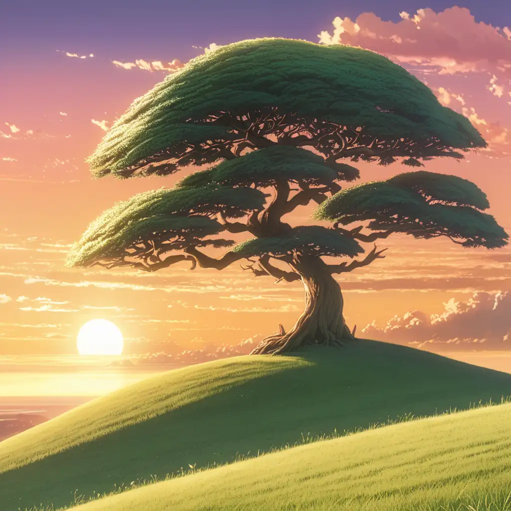 Lonely Anime Tree on Grassy Hill at Sunset