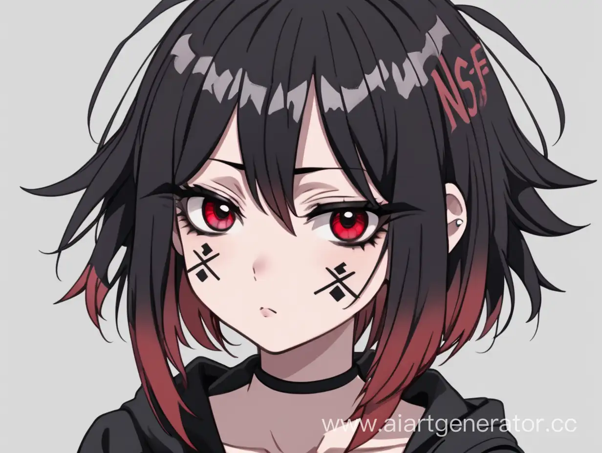 Edgy-Anime-Girl-with-Displeased-Gaze-Messy-Red-and-Black-Bob-Hair-Makeup-and-NsF-Tattoo