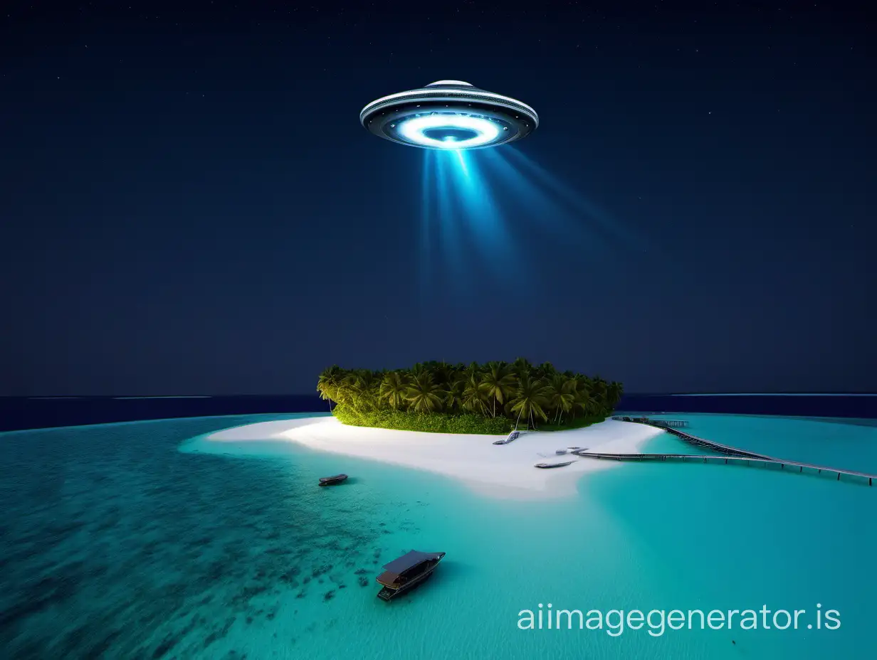 Maldives island in the night with UFO in the sky