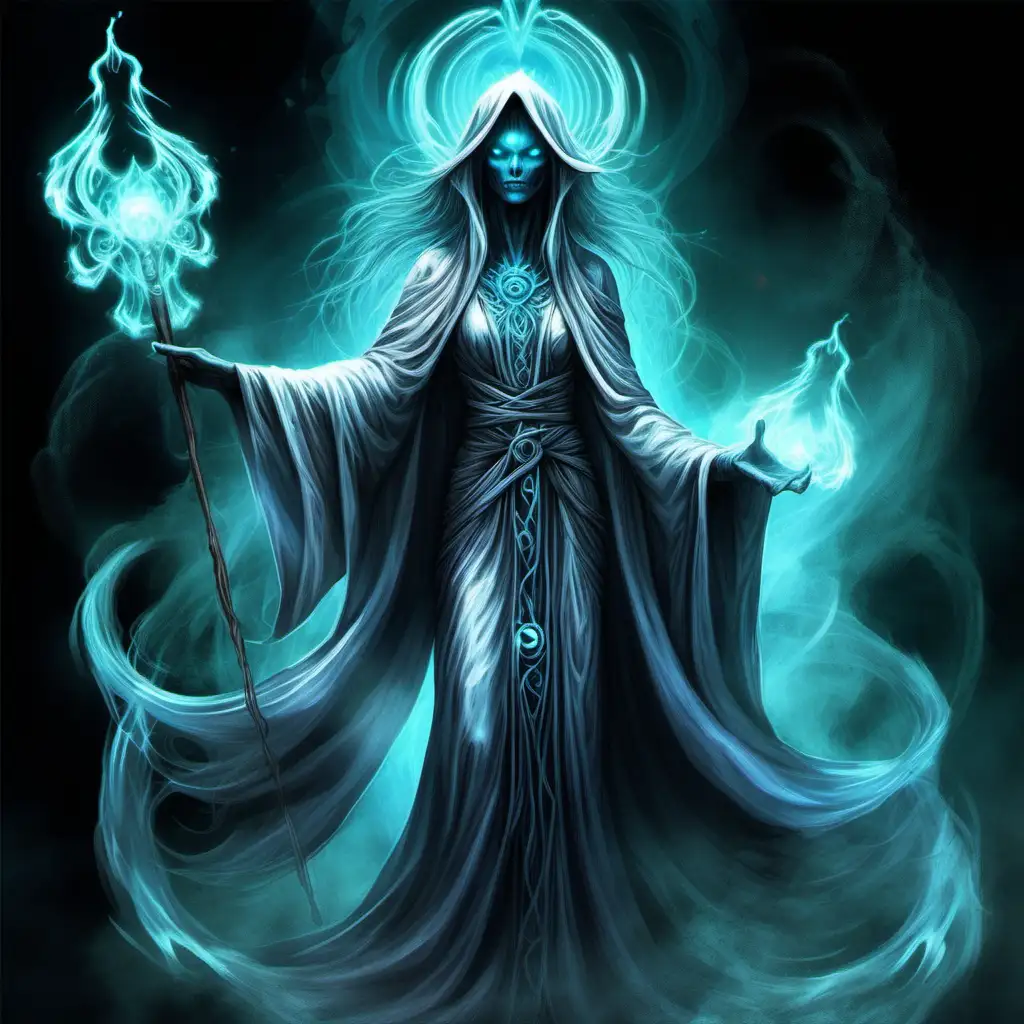 has a spectral aura with ghostly features. Dressed in flowing robes adorned with banshee symbols, her eyes radiate an otherworldly glow. carries a banshee-themed staff.
