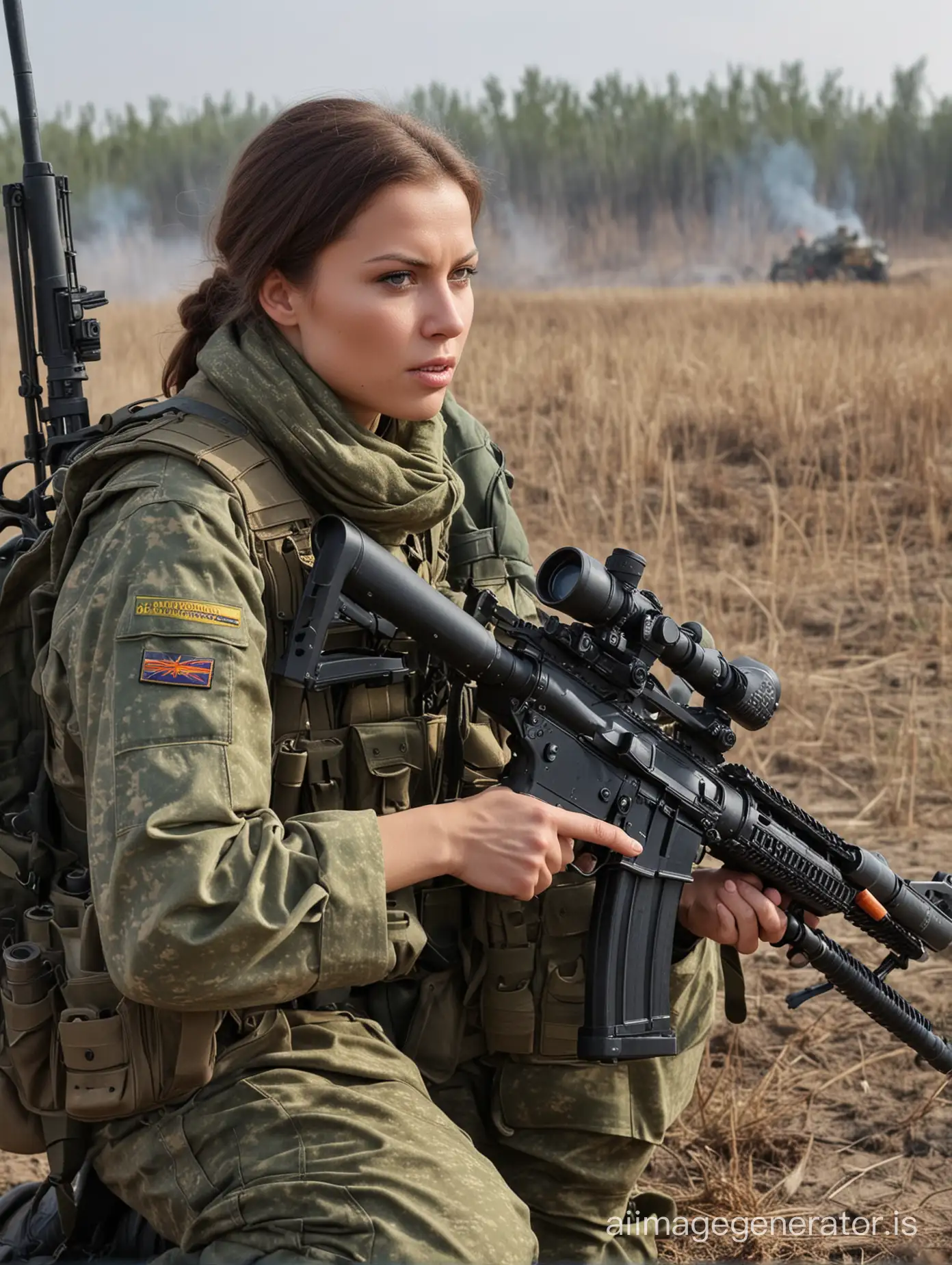 Ukrainian female soldiers on the battlefield, rocket launchers, sniper rifles, high-definition