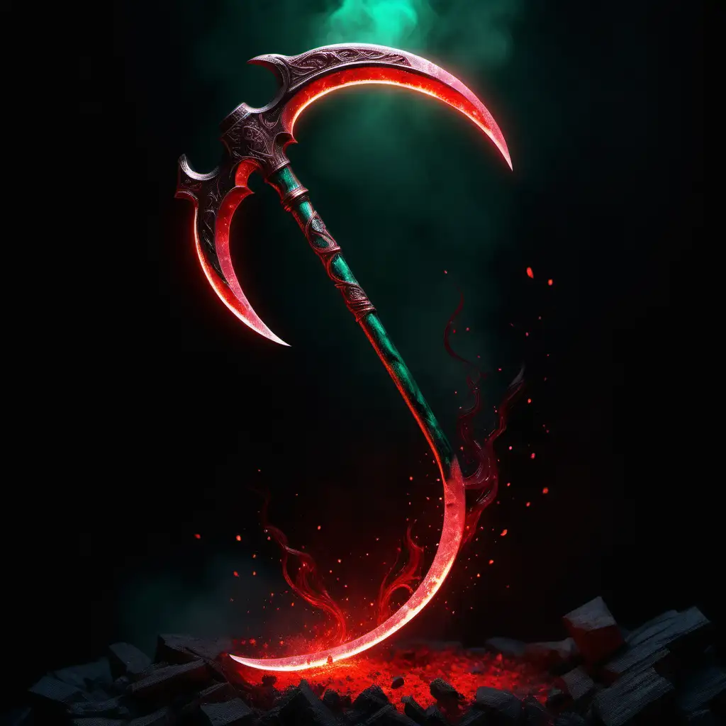 Glowing Crimson Hand Scythe with Emerald Veins Fiery and Magical Weapon