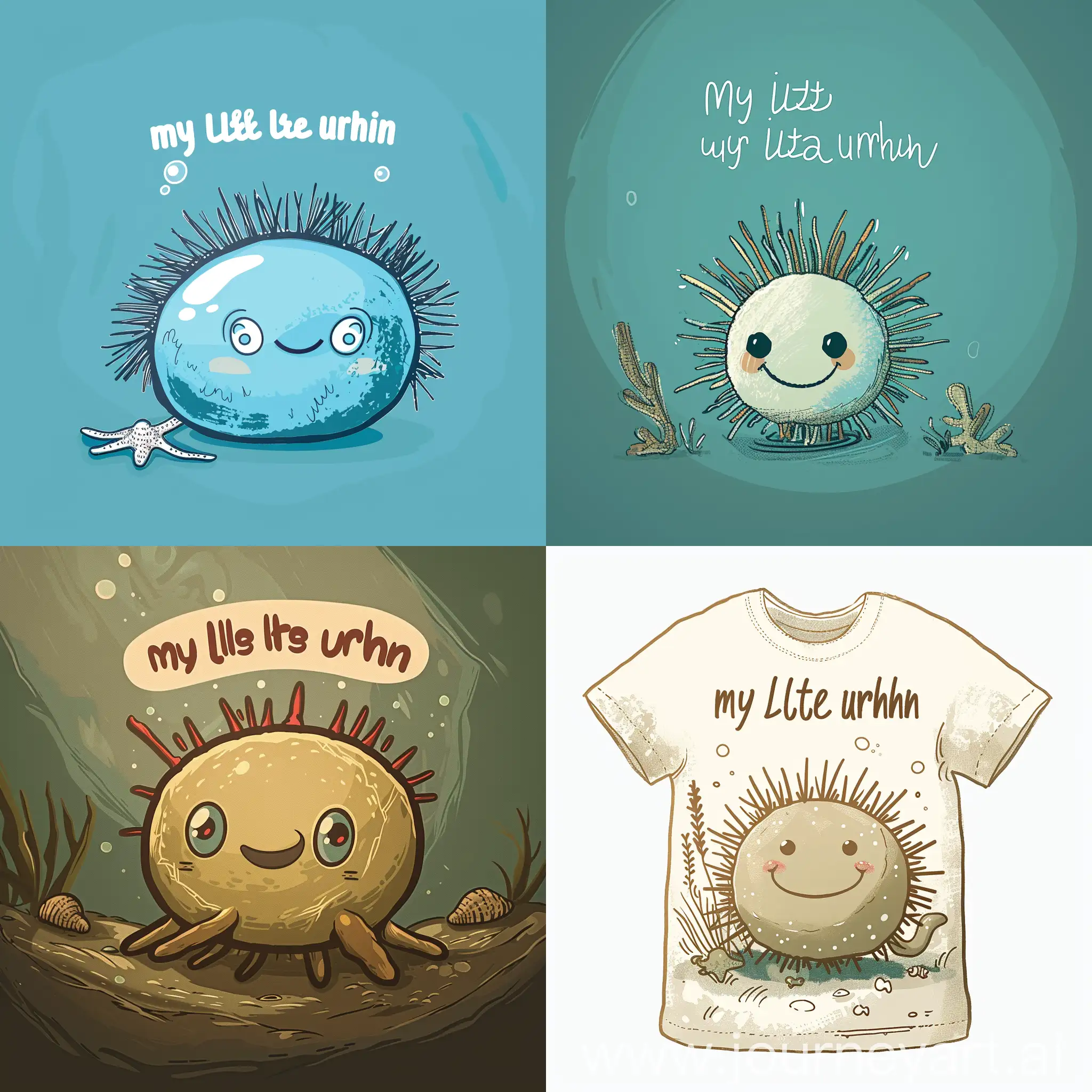 
Design for a Kids shirt.  

Picture of a cartoon sea urchin with a smiley face

writing above the urchin to say

my little urchin