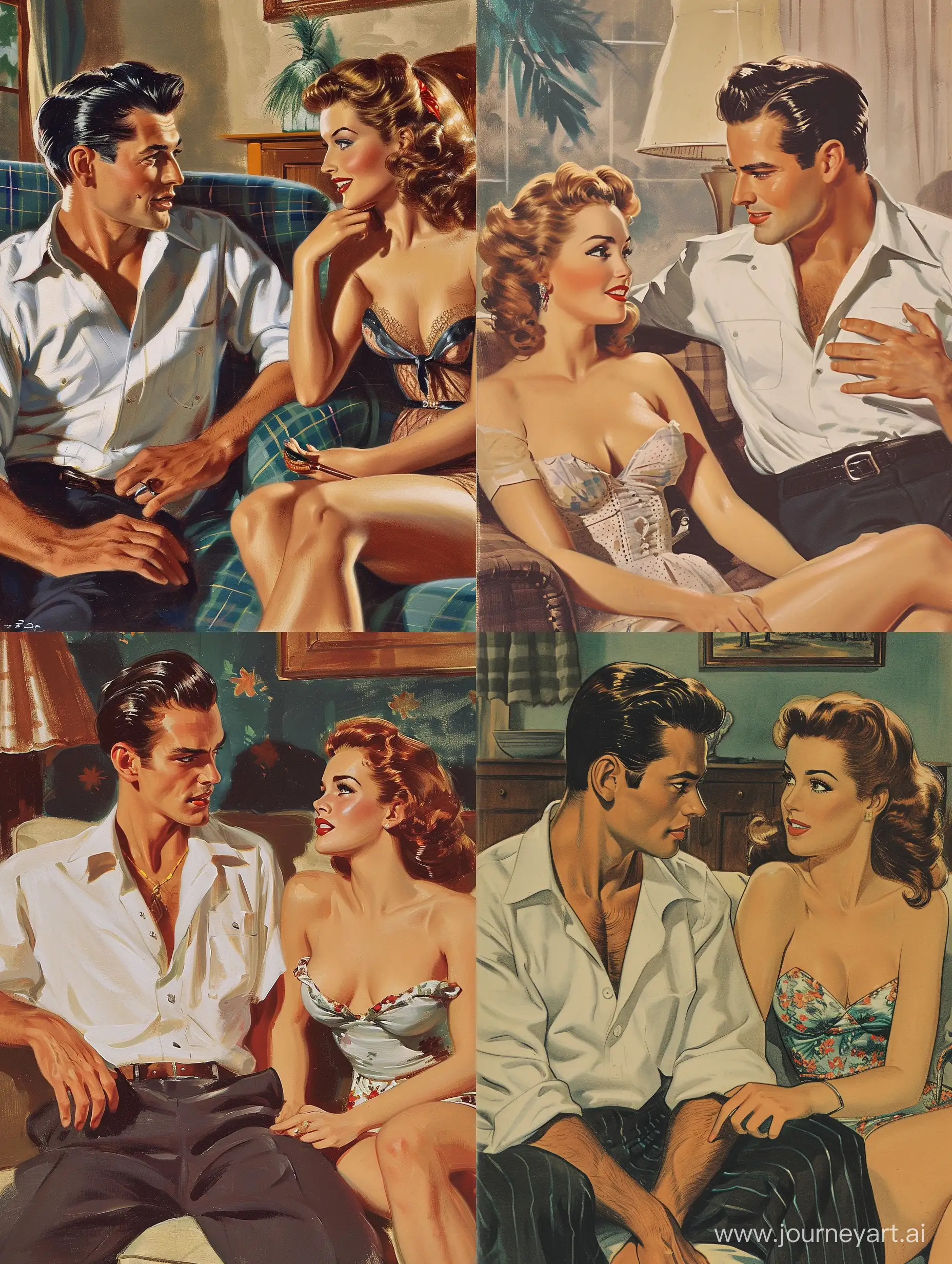 Robert Maguire style Pulp art of a handsome vintage 1940s handsome movie star man wearing a white shirt talking with with a pretty 1940s female fatale woman wearing vintage 1940s lingerie, both sitting on a couch, cozy 1940s Buenos Aires apartmemt interior--ar 3:4