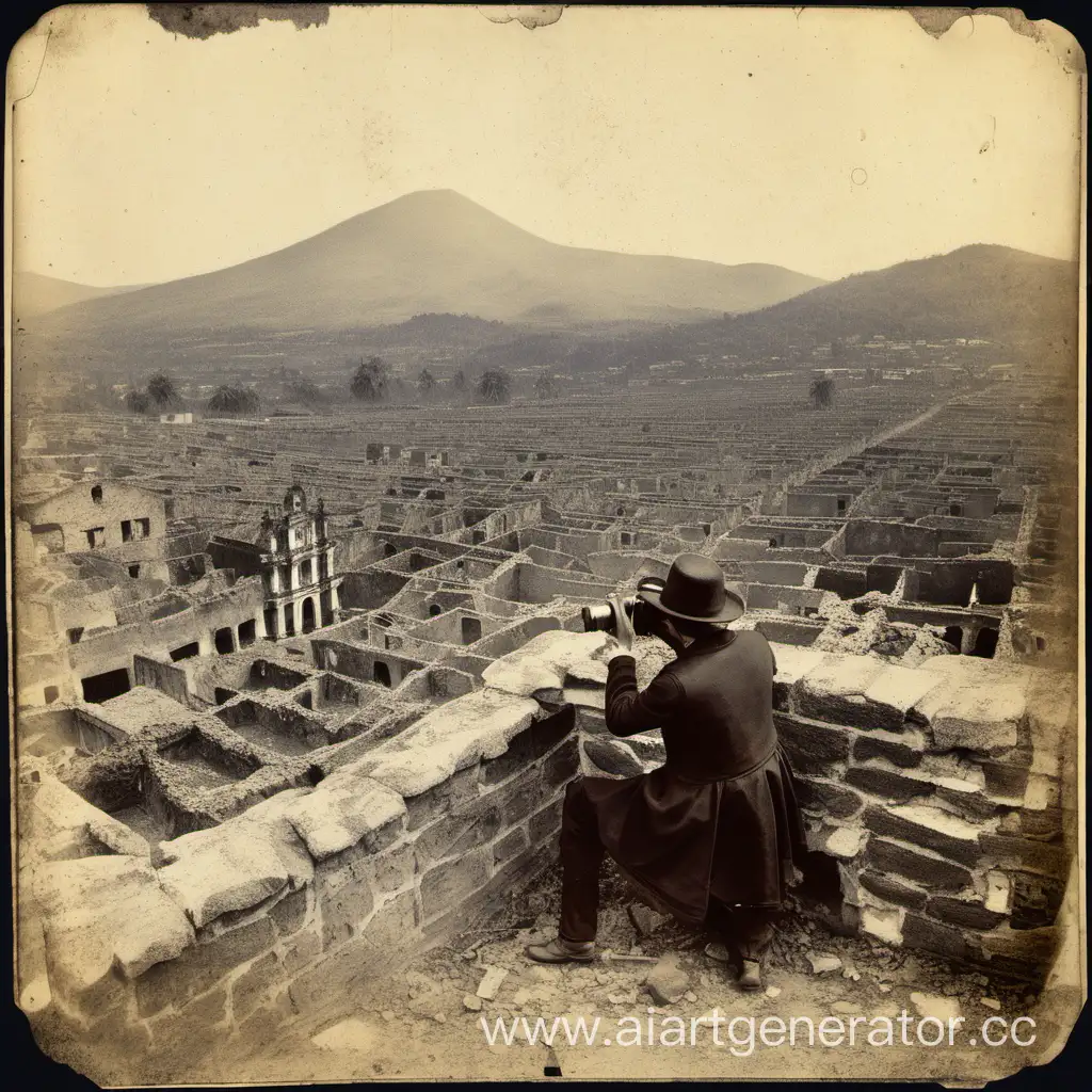 siglo XIX,  un viajero, fotografiando la ciudad de San Cristóbal de La Laguna, en ruinas