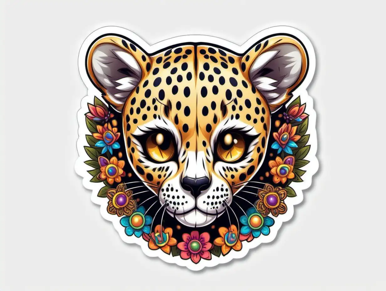 /imagine prompt:Cute Skull Cheetah Leopard, Sticker, Adorable, Bold Colors, Folk Art, Contour, Vector, White Background, Detailed

