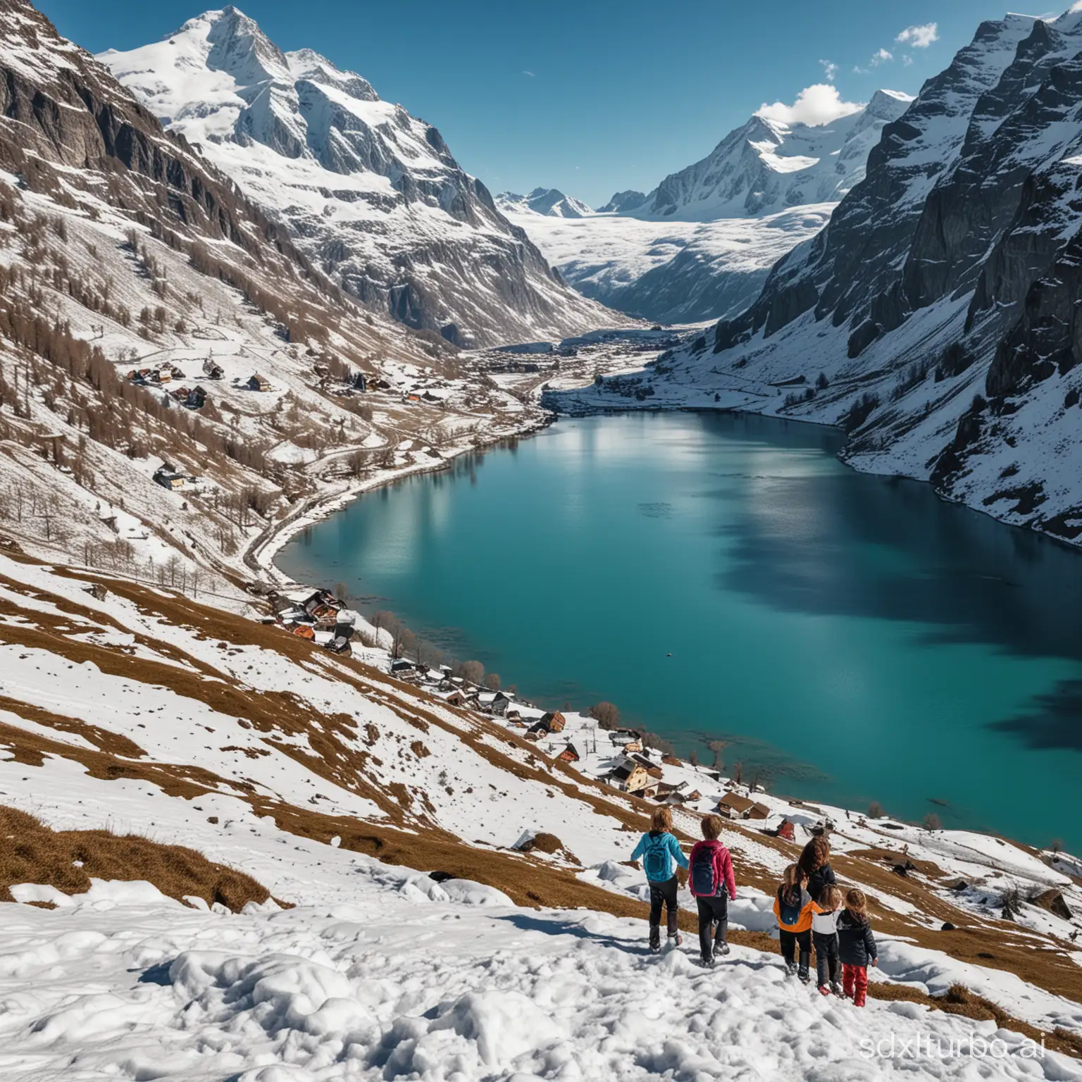 Beautiful Switzerland mountain with water snow and kids