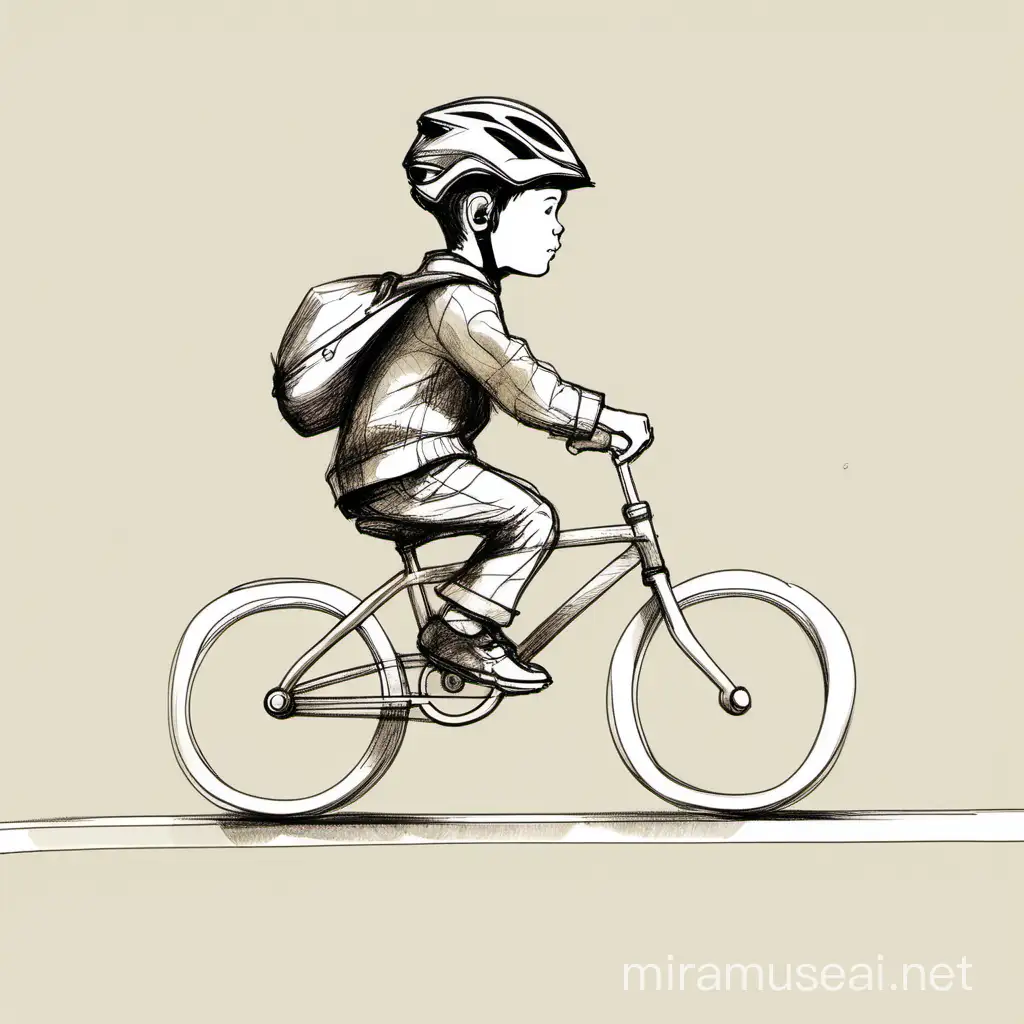sketch of side view profile of boy riding a bike along a road 

