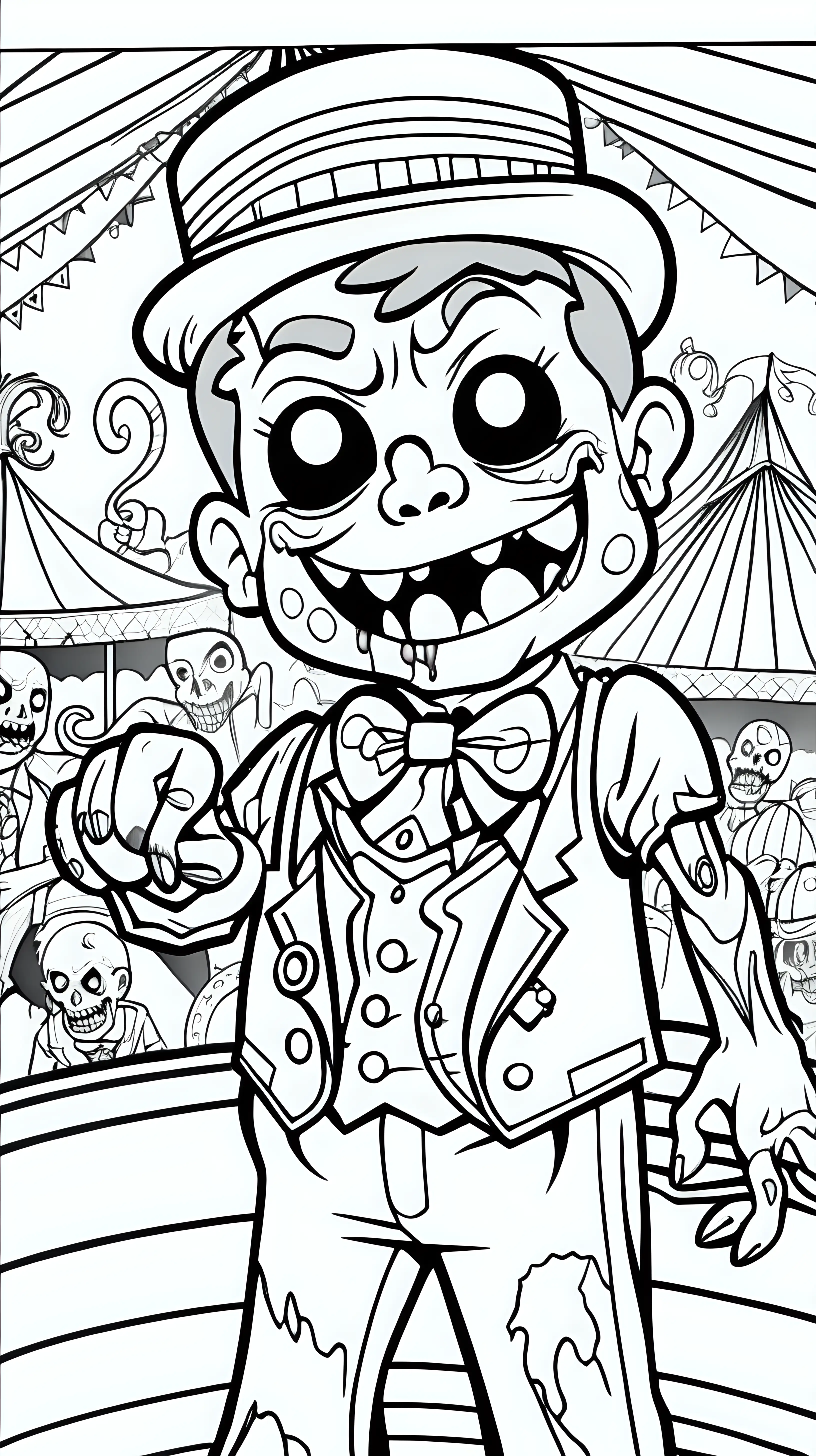 coloring book image, thick clean black line image of a cute friendly zombie at a circus , circus ring in background