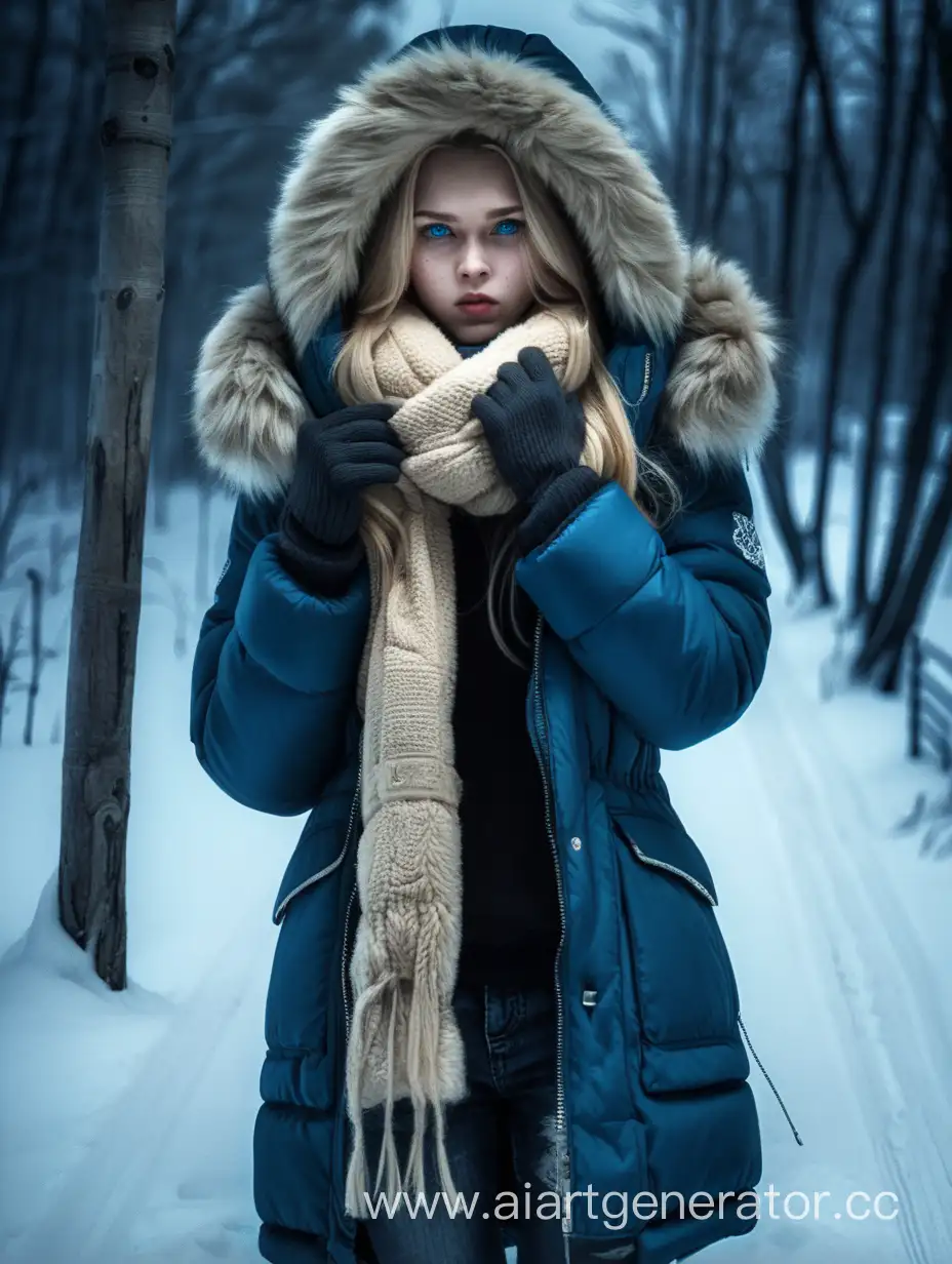 Horror. Dark. Depressive. Tall Russian girl, with blond long hair, blue eyes, dressed in a jacket with a fur hood, a scarf hiding her face, in a warm hat, in pants, warm gloves, with a prosthetic leg, in the harsh winter