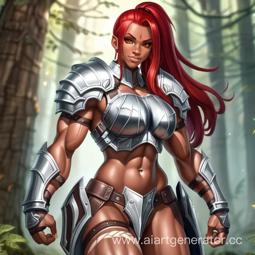 Fantasy Forest, 1 Person, Women, Human, Scarlet Red Hair, Long hair, Ponytail Hair style, Dark Brown Skin, White Full Body Armor,  Chocer,  Black Liptsick, Serious smile, Big Breasts, Brown eyes, Sharp Eyes, Flexing Muscles, Big Muscular Arms, Big Muscular Legs, Well-toned body, Muscular body, 