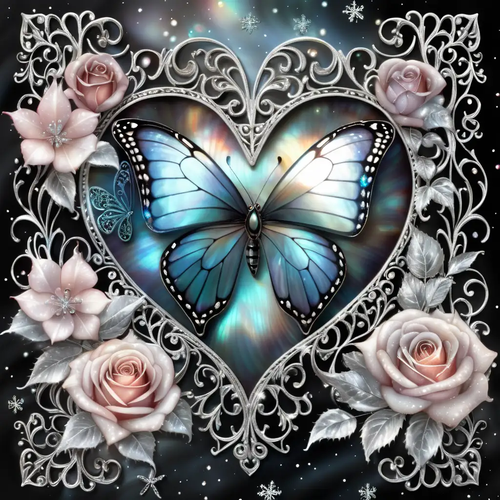  black mother of pearl, beautiful wintery background, heart, butterfly, roses, filigree, glitter, sparkle, glowing