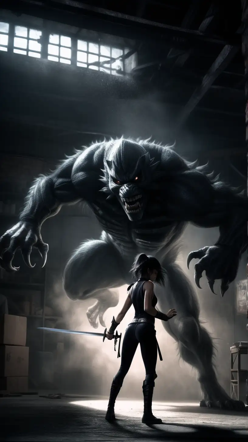 Epic Battle Sexy Ninja Confronts Nightmarish FourLegged Beast in Noir Warehouse